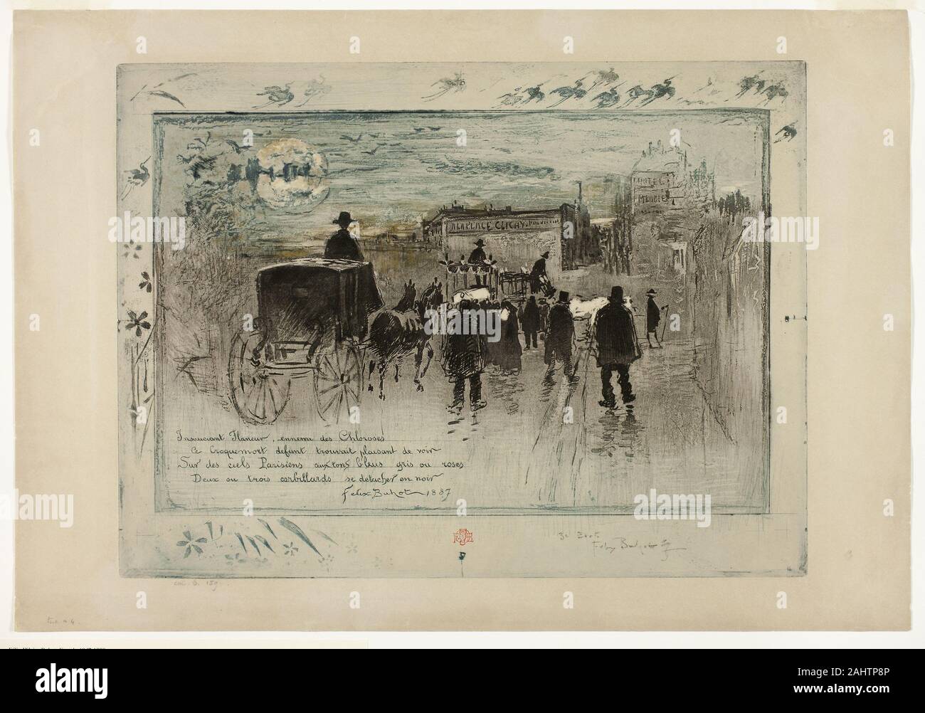 Félix Hilaire Buhot. Trauerzug auf dem Boulevard Clichy. 1887. Frankreich. Der weiche Boden Radierung und Aquatinta und Kaltnadel und Platte Ton, inked à la Poupée in Blau und Schwarz, mit Ergänzungen von Gold Metallic Lackierung, auf Tan webte Papier Stockfoto