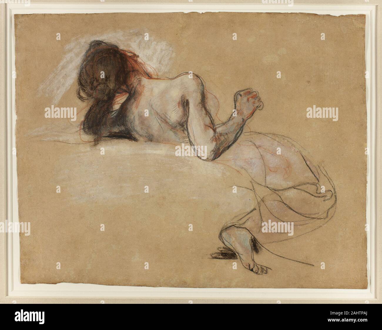 Eugène Delacroix. Crouching Frau. 1827. Frankreich. Schwarze und rote Kreide, in Pastellfarben, mit weißer Kreide verstärkt, über Waschen, tan webte Papier Crouching Frau ist eine von fünf Pastellfarben Studien für Eugène Delacroix monumentalen Gemälde der Tod von Sardanapalus (1827; Musée du Louvre, Paris), die halfen, seinen Ruf als Führer der französischen Romantik. Der wenigen Pastelle, die Delacroix produziert, dies ist die einzige Gruppe, die sich auf ein einzelnes Gemälde in Verbindung gebracht werden können. Durch ein 1821 Spiel durch die englischen romantischen Dichters Lord Byron, die Leinwand drastisch schildert der letzte König der inspiriert Stockfoto