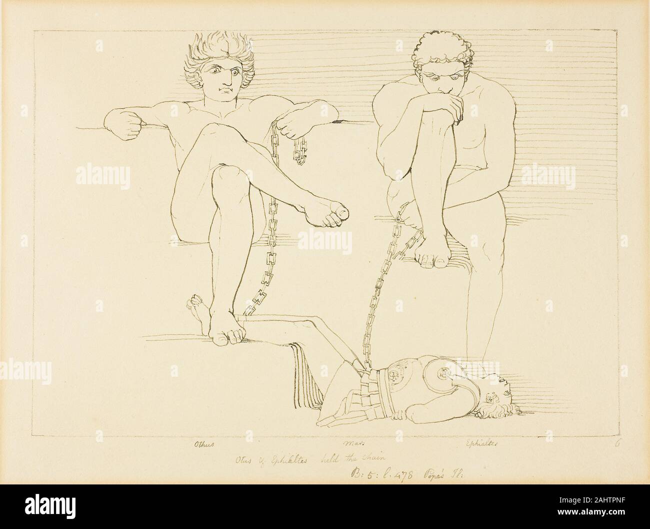 John flaxman. Othus und Ephialtes Holding Orest gefangen. 1775 - 1826. England. Feder und schwarzer Tinte, über Spuren von Graphit, auf Tan webte Papier, legte sich auf Creme webte Papier Stockfoto