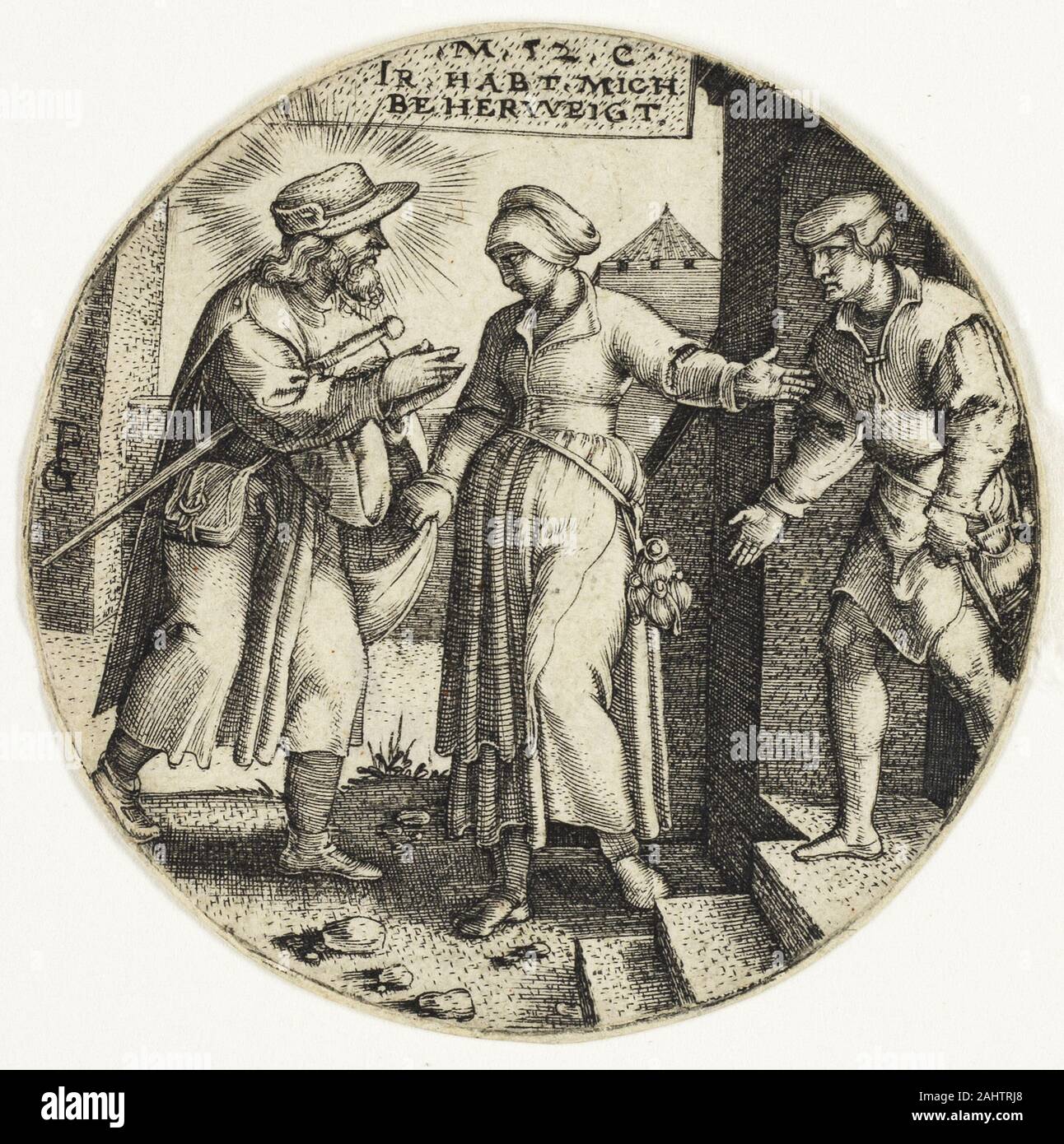 Georg Pencz. Schützen der Fremden, von der die sieben Taten der Barmherzigkeit. 1529 - 1539. Deutschland. Gravur in Schwarz auf Elfenbein Bütten Stockfoto