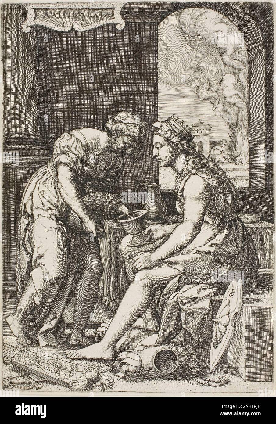 Georg Pencz. Artemisia. 1520 - 1550. Deutschland. Gravur in Schwarz auf Elfenbein Bütten Königin Artemisia II der alten Caria (gestorben 350 v. Chr.) war im Laufe der Geschichte als gewidmeter Ehepartner bekannt. In der Stich von Georg Pencz, sie trinkt die Asche ihres Ehemannes, Mausolos, die Sie mit Wein gemischt hat, um ihren Körper in seinem Leben Grab zu drehen. Artemisia ausgeschlossen anstelle ihres Mannes für zwei Jahre. Während dieser Zeit baute sie ein prächtiges Gebäude in Halikarnassos (Bodrum, Türkei) zu Haus ihre kombinierten bleibt. Obwohl sich die Struktur, das als eines der Sieben Weltwunder der Antike, h Stockfoto