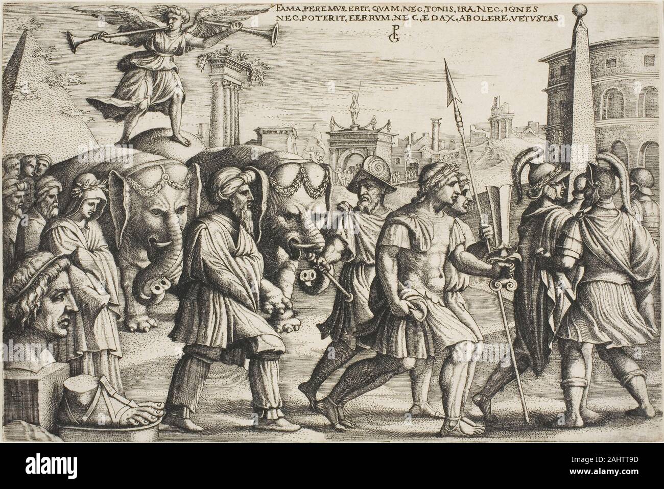 Georg Pencz. Der Triumph des Ruhmes, Platte drei von der Triumphe von Petrarca. 1534 - 1544. Deutschland. Gravur in Schwarz auf Elfenbein legte das Papier Petrarca geliebten Gedicht über Ruhm eignet sich gut als eine Parade, und so Pencz könnte leicht diese Bilder des Alten triumphale Prozessionen von neueren Werke im Druck und Farbe vom späten 15. Jahrhundert angenommen haben Künstler Andrea Mantegna dargestellt. In der Tat, Pencz besucht Mantua während seiner Reise nach Italien und kann einige der Mantegnas arbeiten dort gesehen haben. Pencz ist neugierig in die Hocke und diminutive Elefanten, Stubby menschliche Figuren, und skulpturalen oversize Überrest Stockfoto