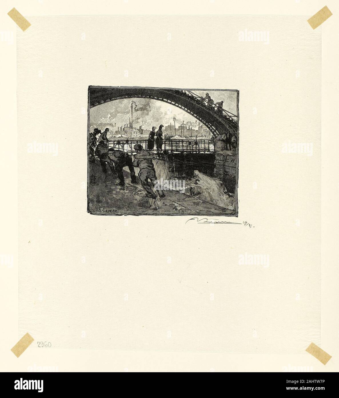 Louis Auguste Lepère. Sperren des Canal Saint-Martin, Platte sechs von Le Long de la Seine et des Boulevards. 1890. Frankreich. Holzstich in Schwarz auf Creme Japanische Gewebe Stockfoto