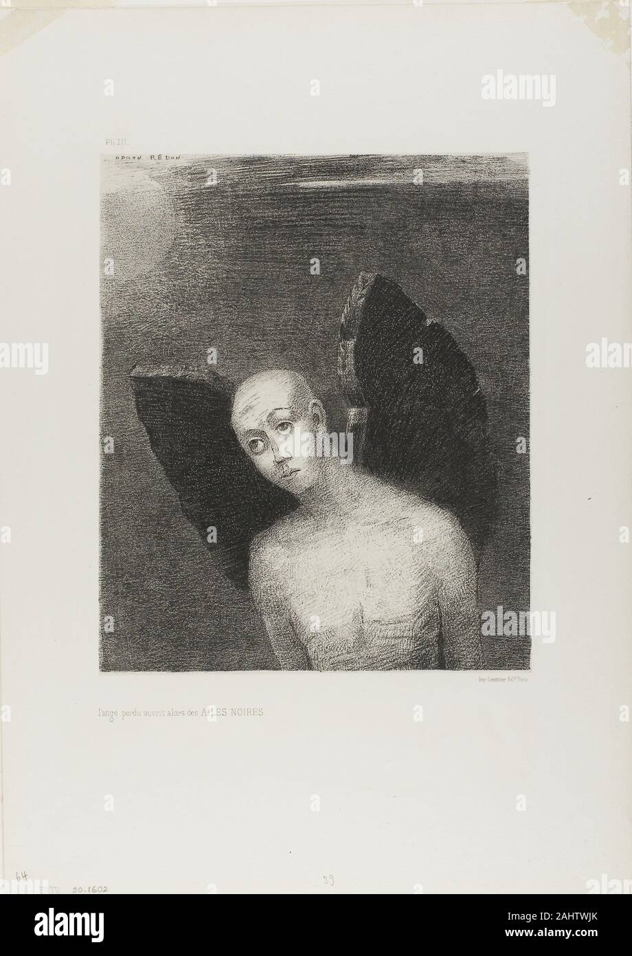 Odilon Redon. Der Verlorene Engel dann geöffnet und schwarze Flügel, von der Nacht. 1886. Frankreich. Lithographie in Schwarz auf Elfenbein China Papier collé, festgelegt auf weißem Papier webten Stockfoto