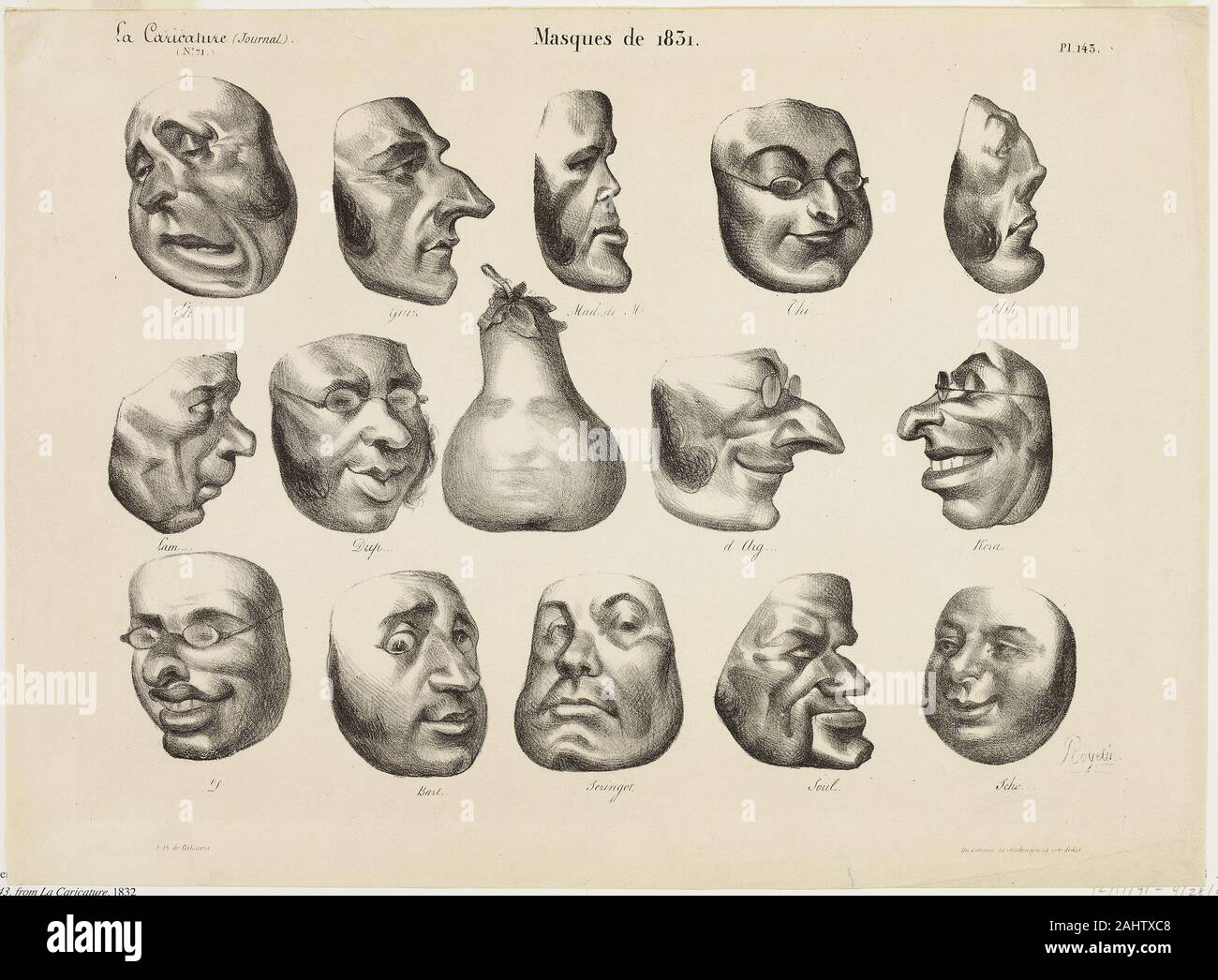 Honoré-Victorin Daumier. Masken von 1831, Platte 143 von La Karikatur. 1832. Frankreich. Lithographie in Schwarz auf Weiß webte Papier Stockfoto