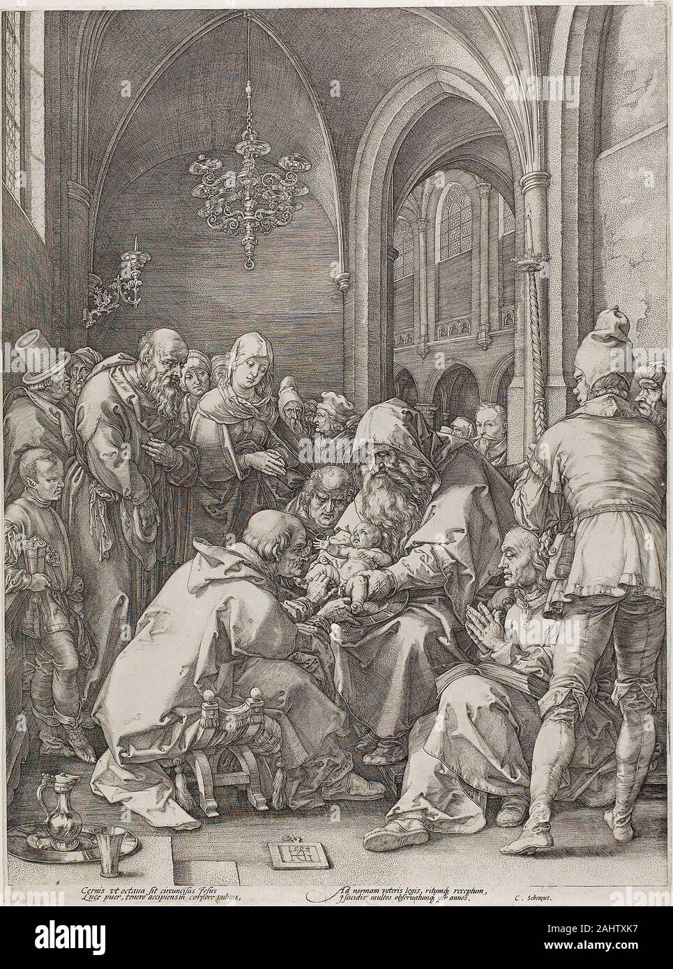 Hendrick Goltzius. Die Beschneidung, Platte vier von der Geburt und der frühen Leben Christi. 1594. Niederlande. Gravur auf Off-white Bütten feierte Dies drucken, gehört zum Leben der Jungfrau Serie. Die goltzius Zusammensetzung und Methode der Verwendung von Burin ist täuschend nahe, dass von Albrecht Dürer. Obwohl Goltzius bei der Erfassung von Dürers Stil gelungen, verhängte er auch seine eigenen Ideen und Einstellungen. Der Künstler stellte die Szene in eine exakte Wiedergabe einer Kapelle St. Bravo Kirche in Haarlem. Der Künstler dargestellt auch er stand in der torbogen im Hintergrund, den Blick auf das VI. Stockfoto