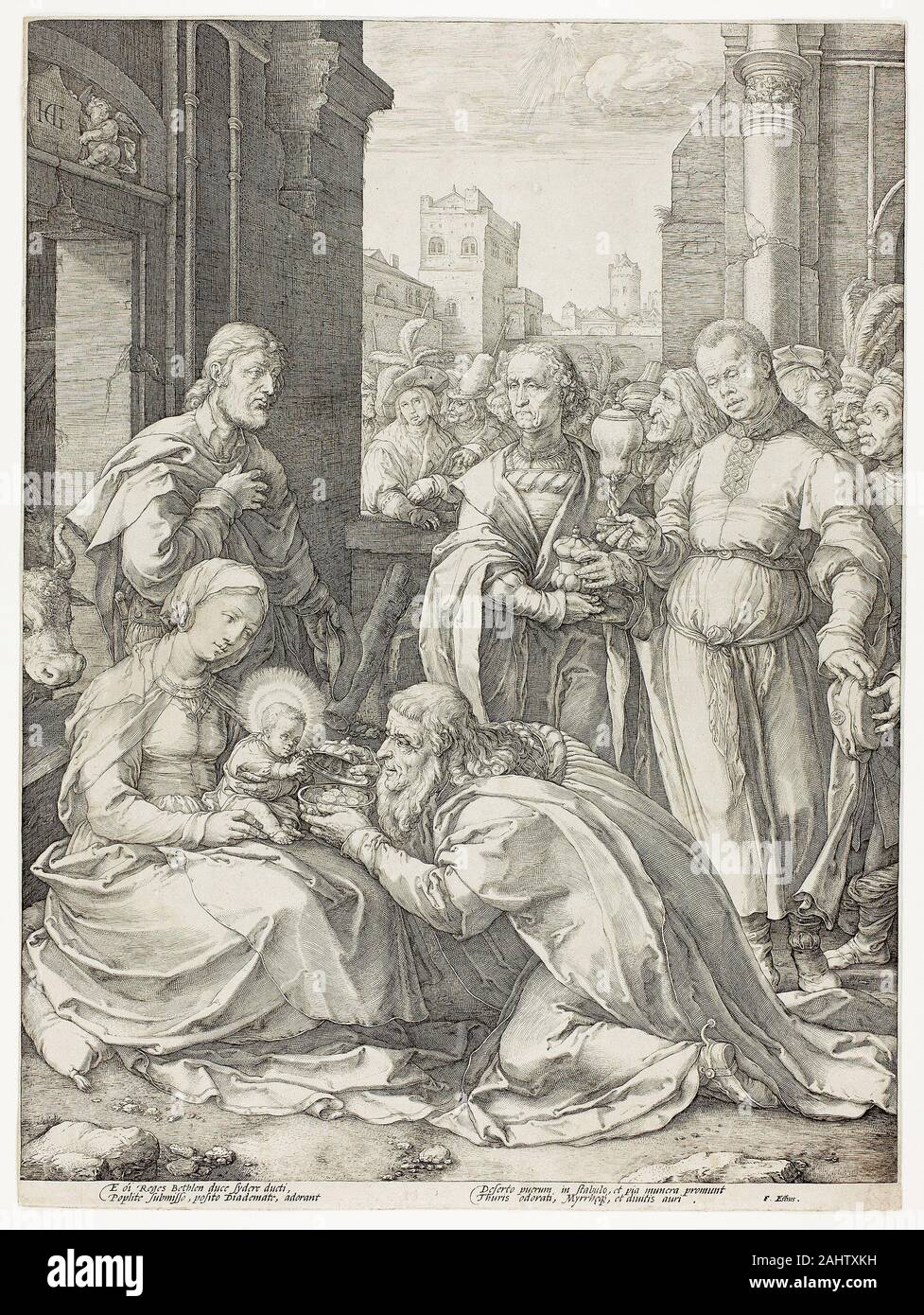 Hendrick Goltzius. Die Anbetung der Könige, Platte fünf von der Geburt und der frühen Leben Christi. 1588 - 1598. Niederlande. Gravur auf Papier Goltzius war viel bewunderte in seiner eigenen Ära für seine Fähigkeit, den Stil von anderen Künstlern zu imitieren. Seine frühesten Drucke Datum von um 1576; bis 1582 hatte er seine eigene Druckerei in Haarlem. Stockfoto