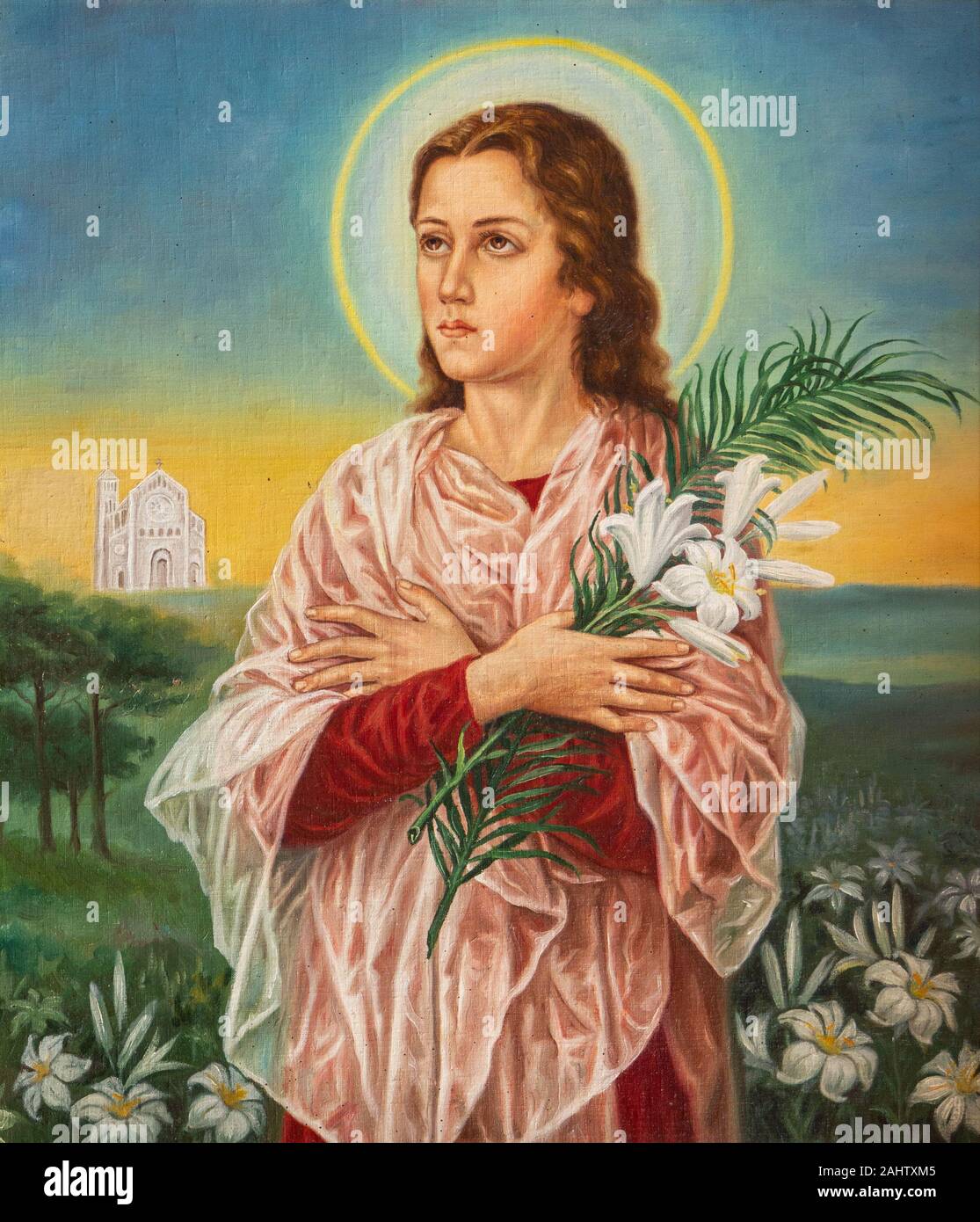 Gemälde der Heiligen Maria (Teresa) Goretti. Kirche der Himmelfahrt der Jungfrau Maria in Krynica, Polen. Stockfoto