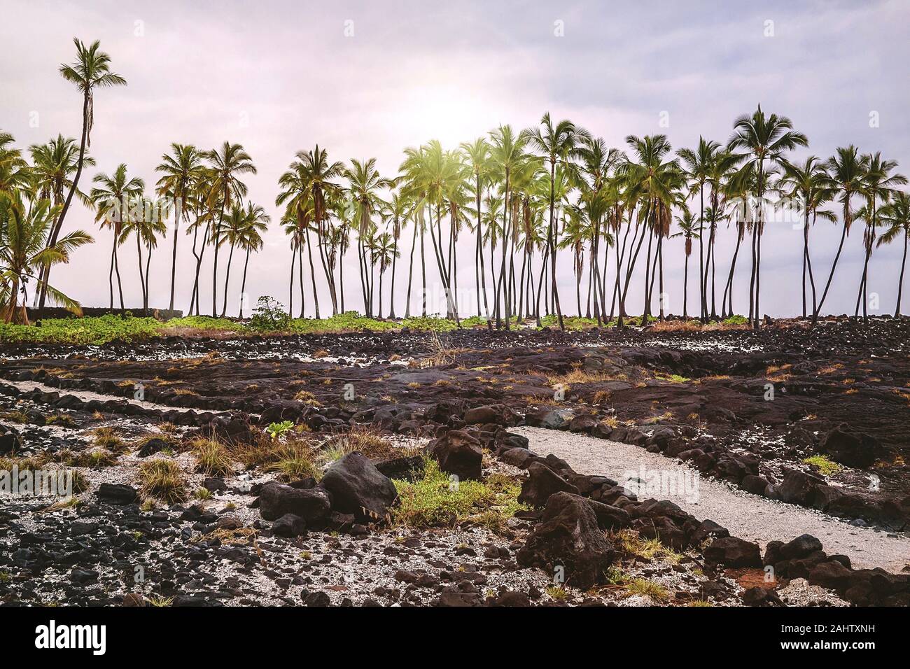 Karge Lavafelder Pu'uhonua, oder die Stadt der Zuflucht, wo Hawaiianer gehen könnte die Absolution für das Brechen von von alten Gesetzen zu suchen. Pu'uhonua o Honaunau. Stockfoto