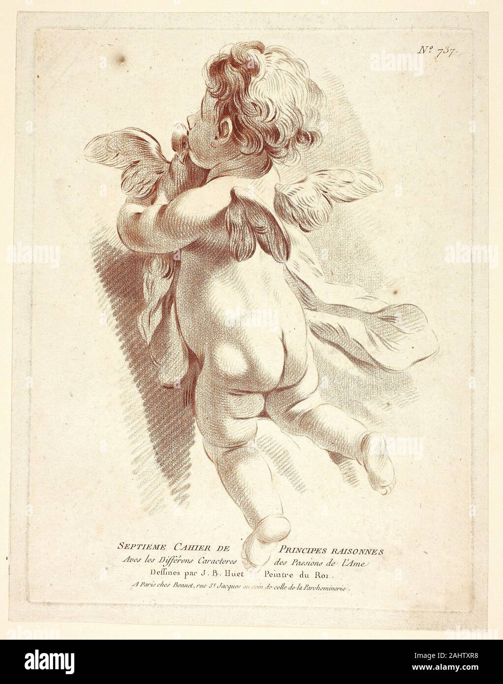 Gilles Antoine Watteau, der Jüngere. Flying Cupid Küssen eine Taube. 1770 - 1806. Flandern. Kreide - Weise Gravur in Rot auf Papier Stockfoto