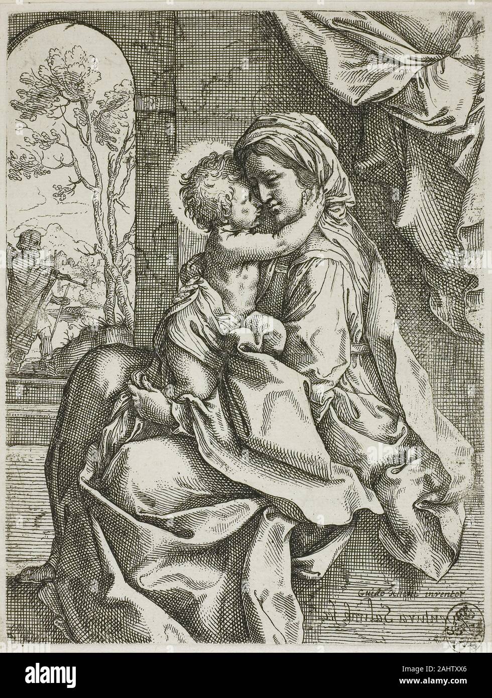 Ventura Salimbeni. Madonna mit Kind und den Heiligen Josef. 1587 - 1613. Italien. Ätzen in Schwarz auf Elfenbein Bütten der Maler Ventura Salimbeni in Siena und Rom tätig war, eine Gruppe von sieben Radierungen von religiösen Themen, viele produziert während der Vatikanischen Fresken in den frühen 1590 arbeiten. Hier Salimbeni reife Madonna interagiert liebevoll mit Ihrem Kind als Saint Joseph steht Wache vor der Tür. Das Drucken wurde mehrmals im Anfang des 17. Jahrhunderts kopiert, mit einer Version, die eng um die wichtigsten Zahlen 7/8, exklusive Saint Joseph. Alle Exemplare wurden in umgekehrter, die den neugierigen ef hatte Stockfoto