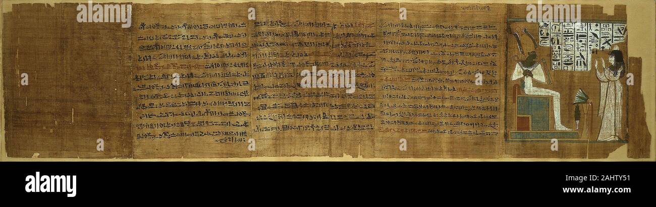 Der ägyptischen Antike. Szene aus dem Buch der Toten. 1070 BC - 946 BC. Ägypten. Papyrus und Pigment, das Buch der Toten ist eine Reihe von religiösen Texte, die in das Grab gelegt wurde der Seele des Verstorbenen zu schützen. Dieses Beispiel ist in Hieroglyphen und eine schreibschrift Script namens Hieratischen auf Papyrus geschrieben, eine Paperlike Substanz von überlappenden Streifen der Faser von der Papyrus hergestellt. Tayu - henut-Mut, die Frau, die dieses Buch gehört, ist das Tragen eines Leinen Kleid und einen Kegel aus duftenden Fett auf den Kopf. Ihre Geste zeigt, dass Sie sich anbeten Osiris, deren Fleisch ist Grün, weil er ein Gott der Vegetation Stockfoto
