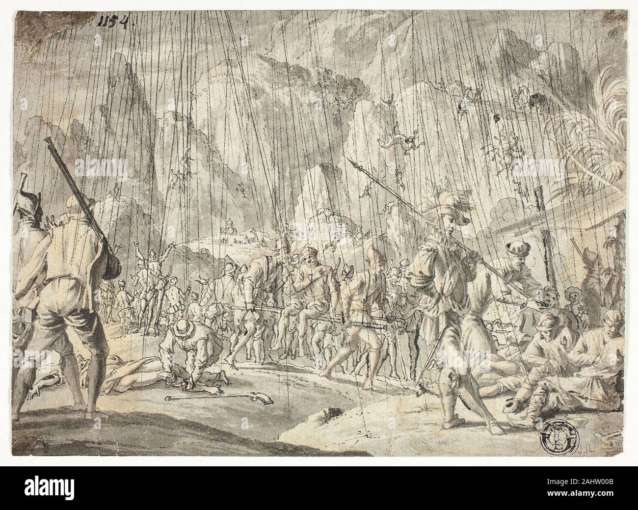 Jan Luyken. Kampf Szene. 1600 - 1750. Niederlande. Feder und Tinte schwarz und braun, mit Pinsel in Grau waschen, auf Elfenbein Bütten Stockfoto
