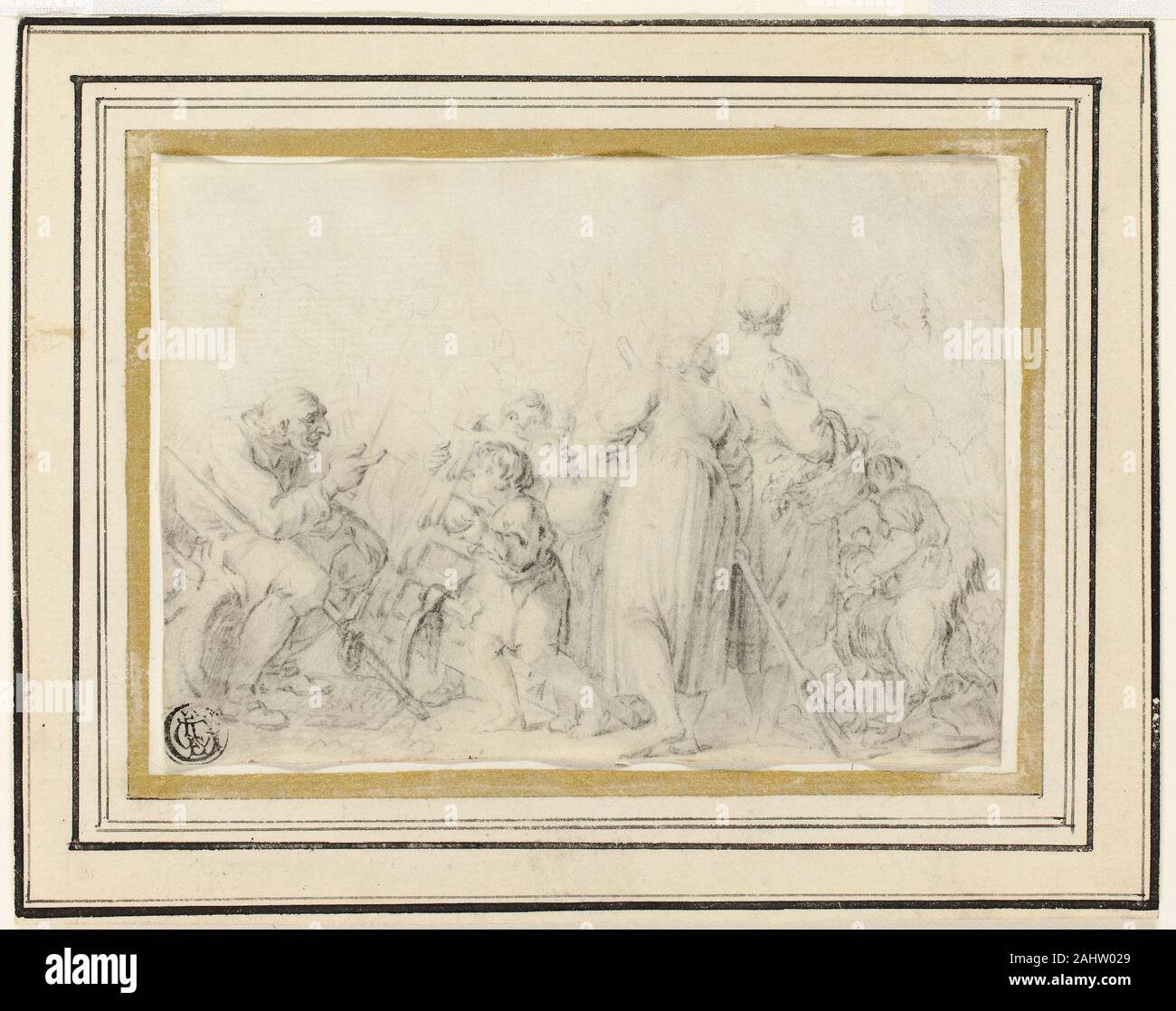 Stil von Jean Baptiste Greuze. Genre Szene mit alten Menschen, Bauern, Frauen und Kinder. 1745 - 1805. Frankreich. Graphit auf Pergament Stockfoto