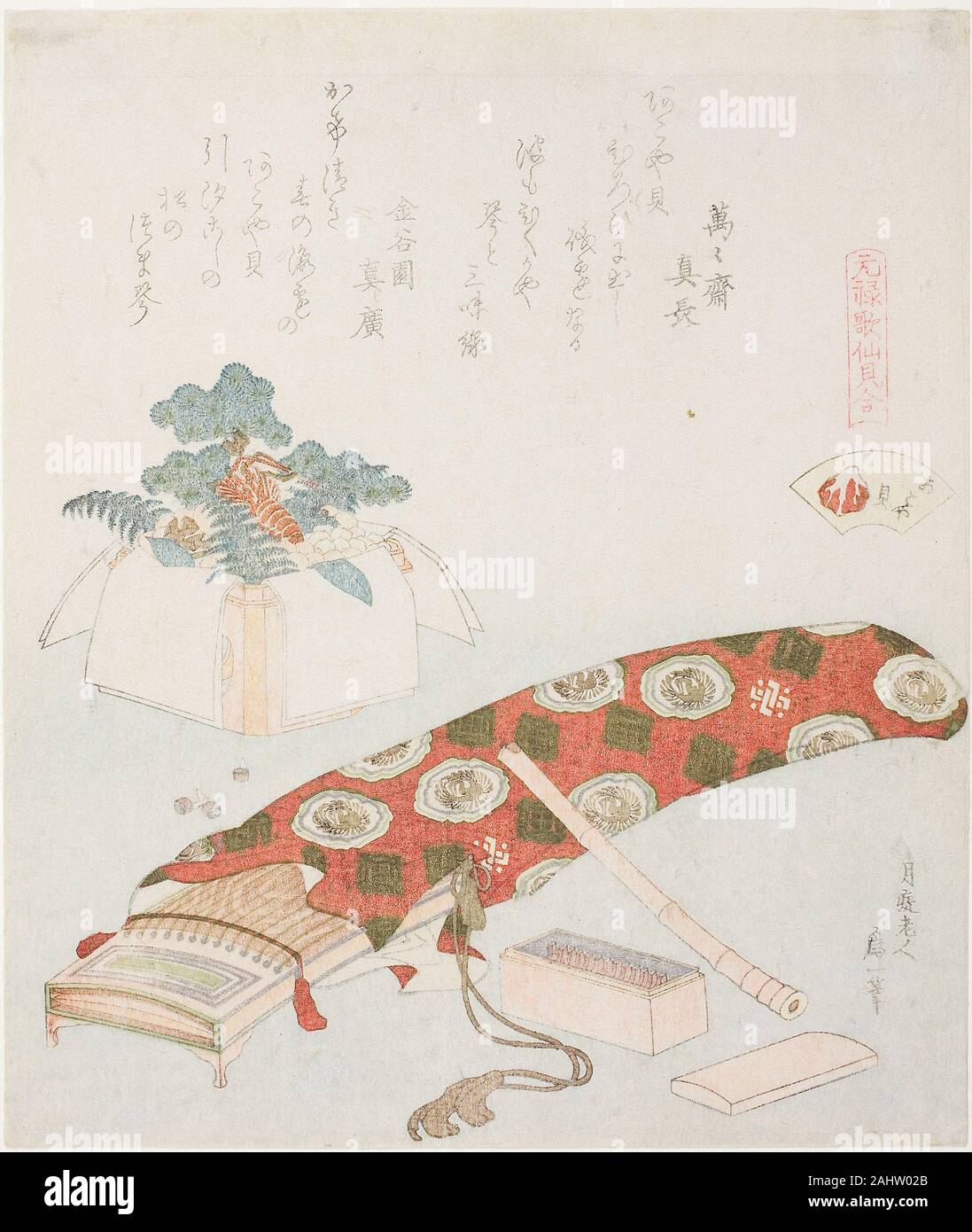 Katsushika Hokusai. Koto und des Neuen Jahres bietet, Illustration für die Akoya Beach Shell (Akoyagai), aus der Serie eine passende Spiel mit genroku - Zeitraum Gedicht Shells (Genroku kasen Kai awase). 1816 - 1833. Japan. Farbe holzschnitt; nishiki'e mit metallischen Pigmenten und blindprinting; surimono shikishiban Stockfoto
