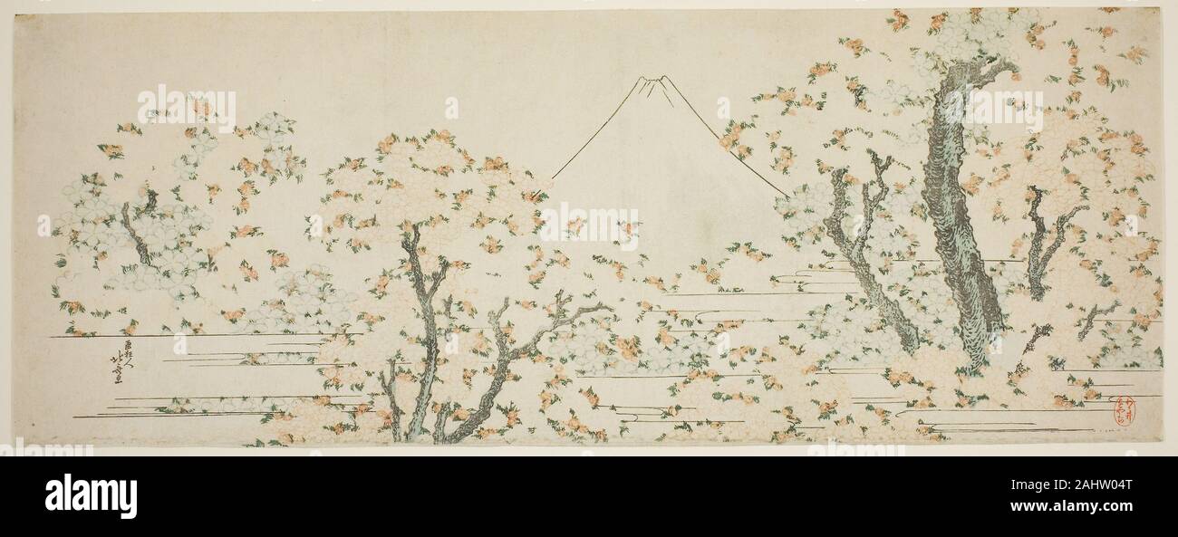 Katsushika Hokusai. Mount Fuji mit die Kirschbäume in voller Blüte. 1795 - 1810. Japan. Farbe holzschnitt; surimono Stockfoto