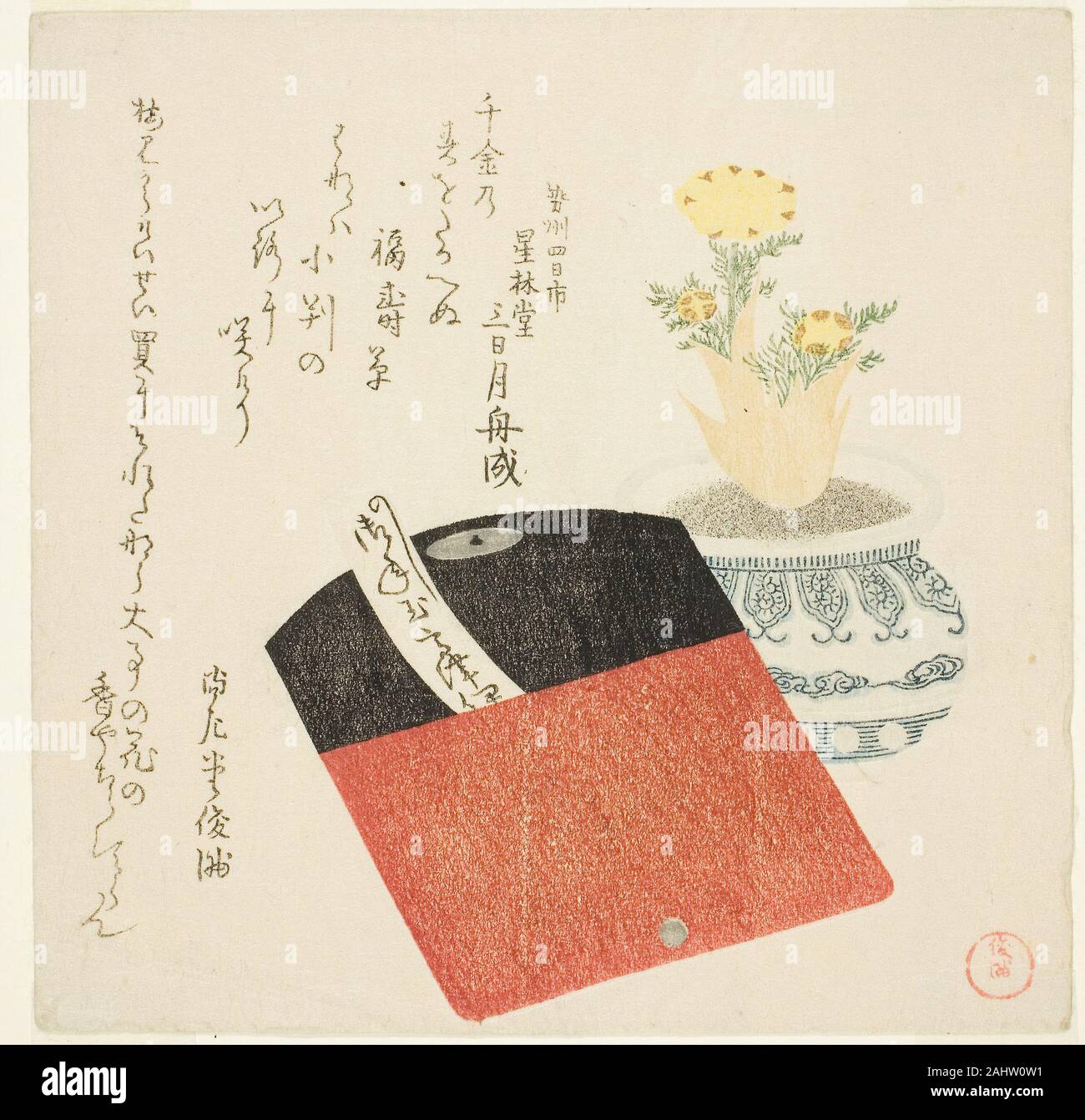 Kubo Shunman. Münze Tasche und Topfpflanzen Adonis. 1797 - 1807. Japan. Farbe holzschnitt; shikishiban, surimono Stockfoto