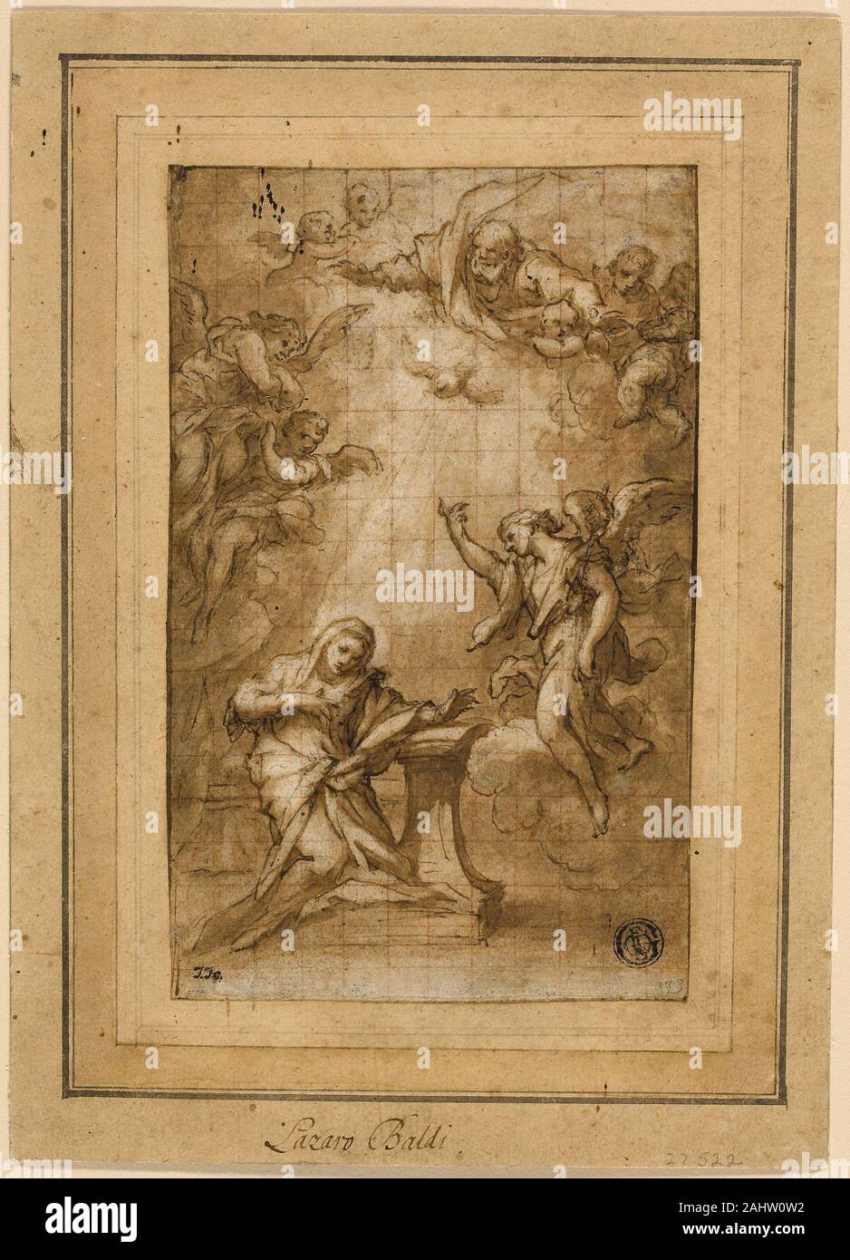 Lazzaro Baldi. Studie für die Verkündigung. 1642 - 1703. Italien. Feder und Tinte, braun mit Pinsel und Braun waschen, mit Blei weiß (teilweise oxidiert), in Rötel quadriert verstärkt, auf tan-Bütten, festgelegt auf festem webte Karte Stockfoto