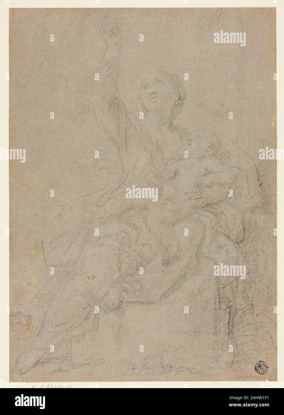 Ciro Ferri. Sitzende Madonna mit Kind. 1654 - 1689. Italien. Schwarze Kreide, mit weißer Kreide verstärkt, auf grau-braunes Papier, legte sich auf Creme webte Papier Stockfoto