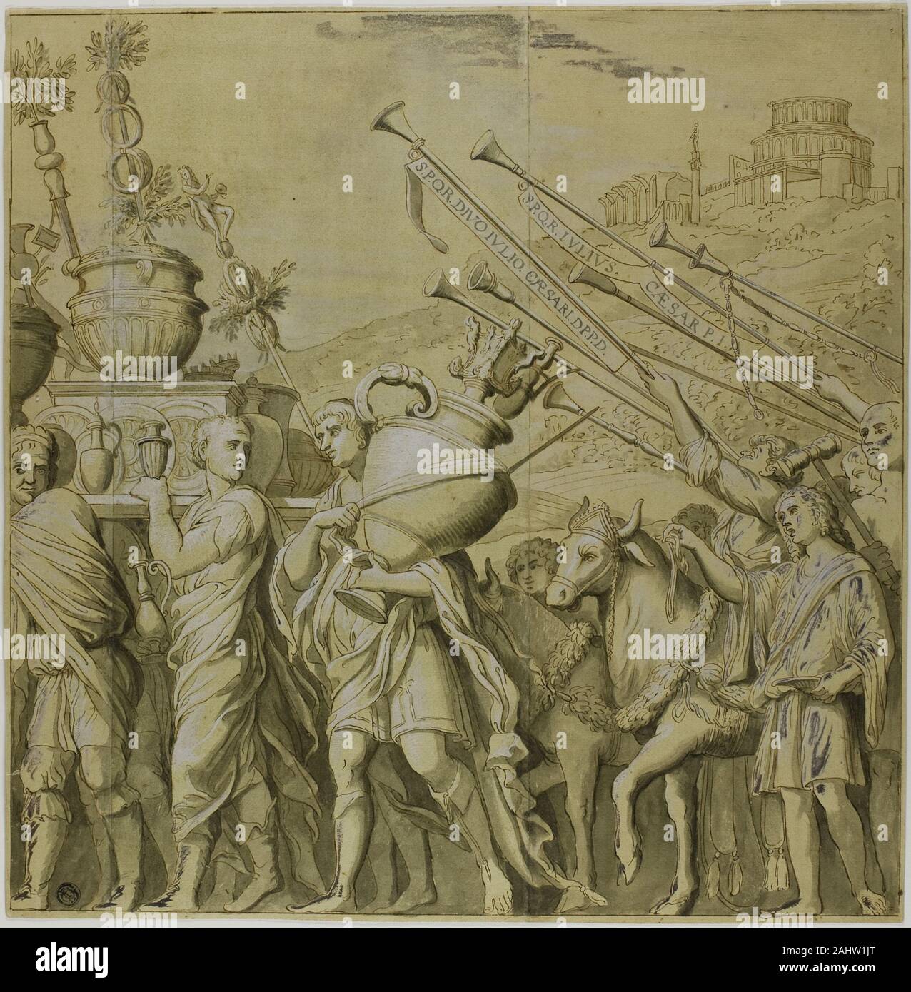 Andrea Mantegna. Triumphe von Julius Caesar Leinwand Nr. IV. 1700 - 1799. Italien. Pen und braun Tinte, mit Pinsel in Grau waschen, erhöhte mit Bleiweiß (oxidiert), an den cremefarbenen Papier, zusammengesetzt und mit gelben Waschen vorbereitet Stockfoto