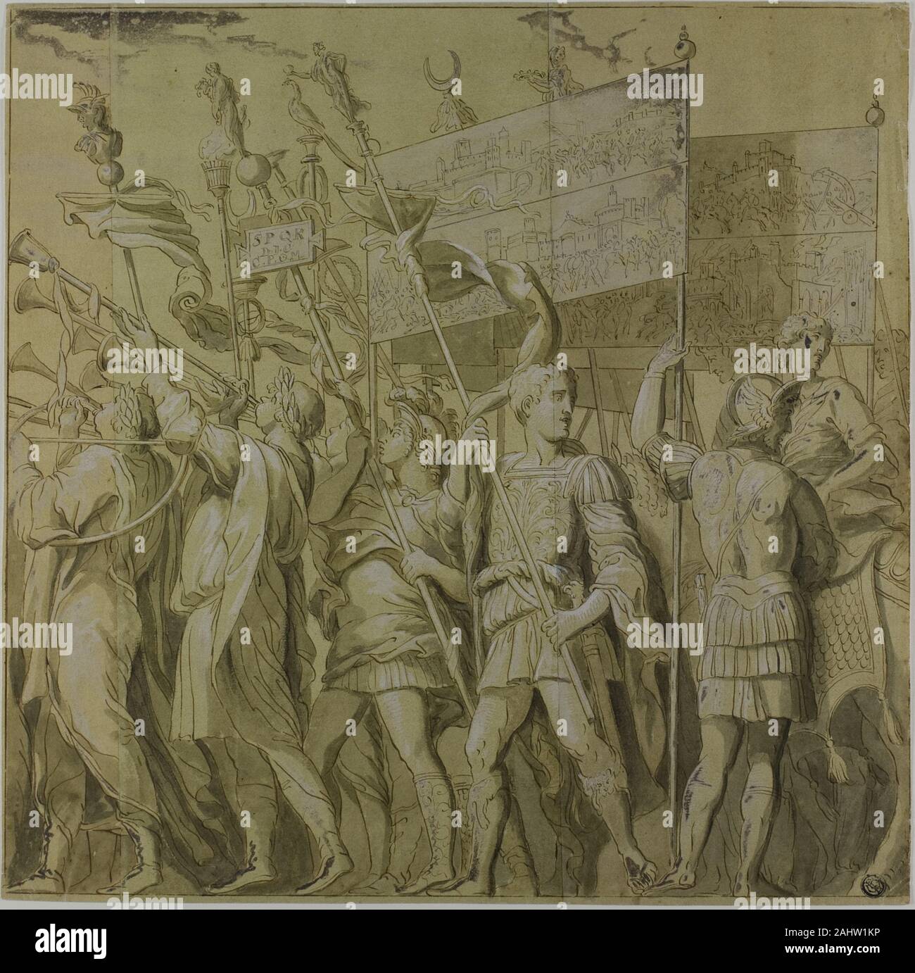 Andrea Mantegna. Triumphe von Julius Caesar Leinwand Nr. I. 1700 - 1799. Italien. Pen und braun Tinte, mit Pinsel in Grau waschen, erhöhte mit Bleiweiß (oxidiert), an den cremefarbenen Papier, zusammengesetzt und mit gelben Waschen vorbereitet Stockfoto