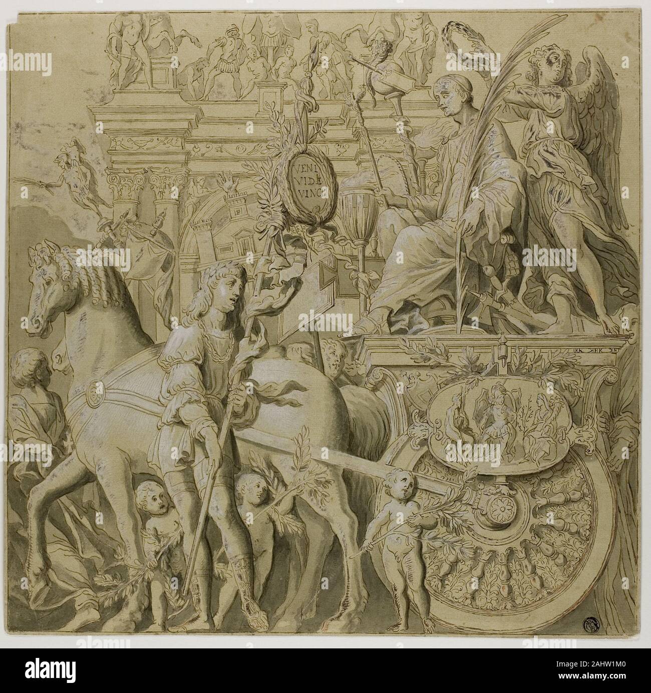 Andrea Mantegna. Triumphe von Julius Caesar Leinwand Nr. IX. 1700 - 1799. Italien. Pen und braun Tinte, mit Pinsel in Grau waschen, erhöhte mit Bleiweiß (oxidiert), an den cremefarbenen Papier mit gelben Waschen vorbereitet Stockfoto