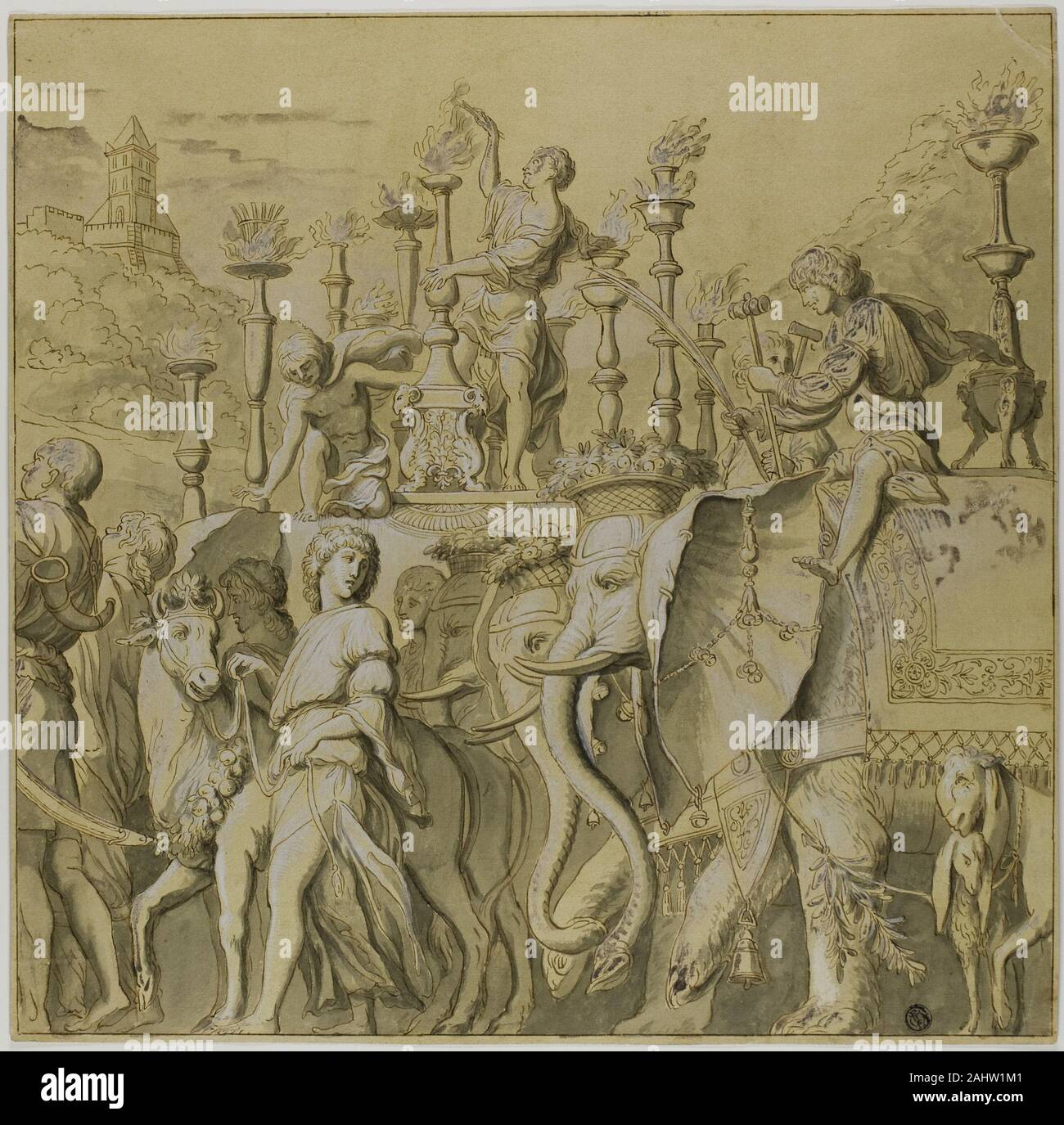Andrea Mantegna. Triumphe von Julius Caesar Leinwand Nr. V. 1700 - 1799. Italien. Pen und braun Tinte, mit Pinsel in Grau waschen, erhöhte mit Bleiweiß (oxidiert), an den cremefarbenen Papier mit gelben Waschen vorbereitet Stockfoto