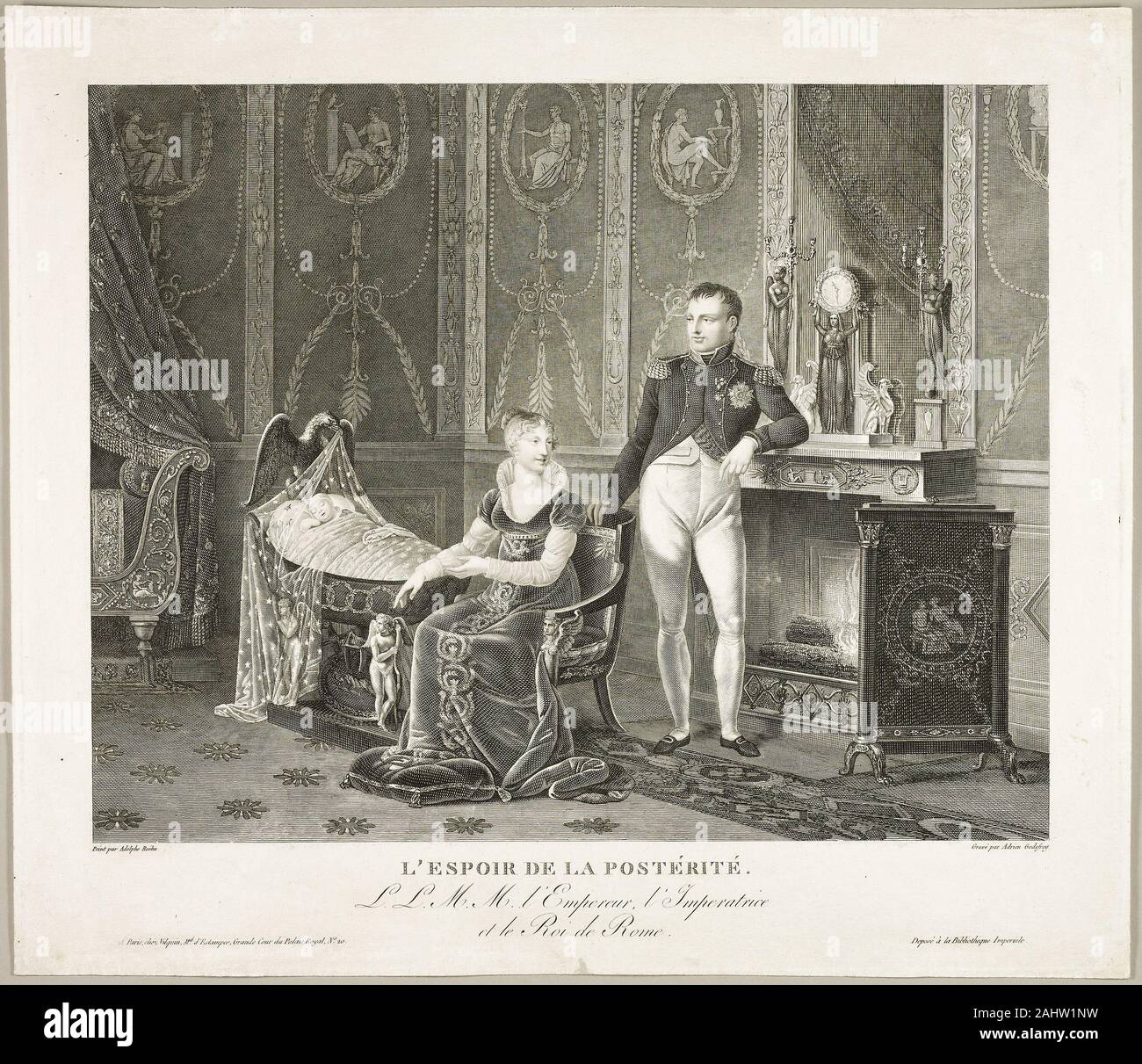 Adrien Pierre Francois Godefroy. Die Hoffnung der Nachwelt der Kaiser, die Kaiserin und König von Rom. 1811 - 1812. Frankreich. Radierung mit Kupferstich in Schwarz auf Elfenbein webte Papier Napoleons geliebte erste Gemahlin, der Kaiserin Josephine, gebar ihm keine Kinder. Marie-Louise, die er im Jahr 1810 nach scheiden Josephine verheiratet, zeitnah produziert ein Erbe Anfang 1811. Diese optimistisch mit dem Titel drucken impliziert, dass der Säugling liegen schlafend in einem pompösen, eagle-themed Wiege seines Vaters gelingen würde. Der inländische Zusammensetzung mit Blick auf Napoleons häufiger militärische Abwesenheiten sowie die Eskalation der Kämpfe gegen t Stockfoto