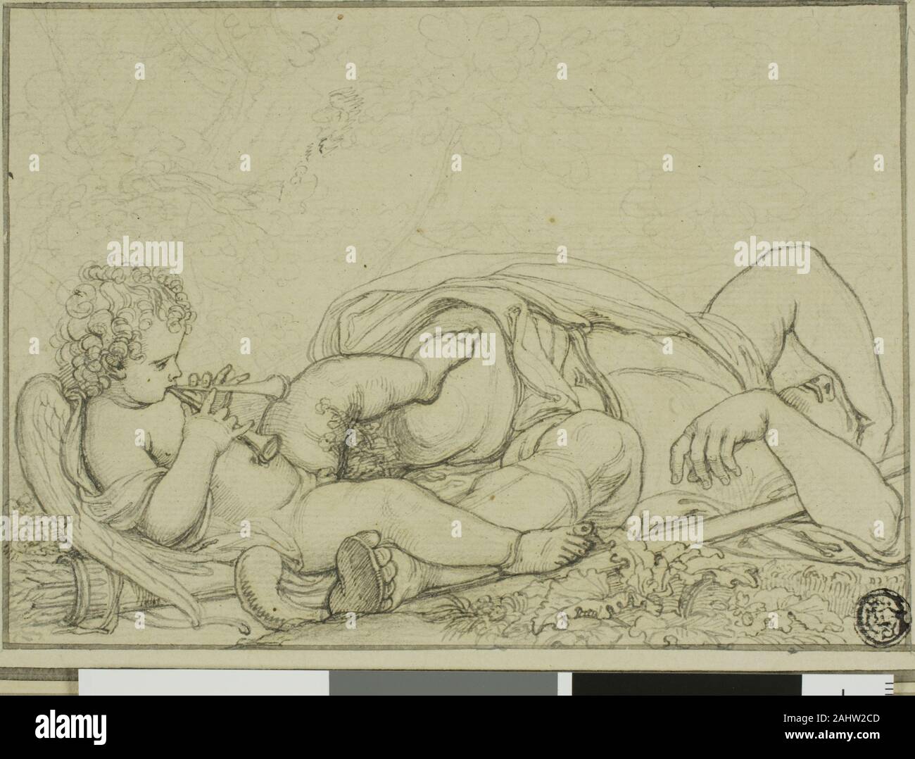 Richard Cosway, R.A.. Amor spielen Flöte und Schlafenden Hirten. 1762 - 1821. England. Feder und schwarzer Tinte über Schwarze Kreide, an den cremefarbenen Papier, legte sich auf Creme gelegt Karte Stockfoto