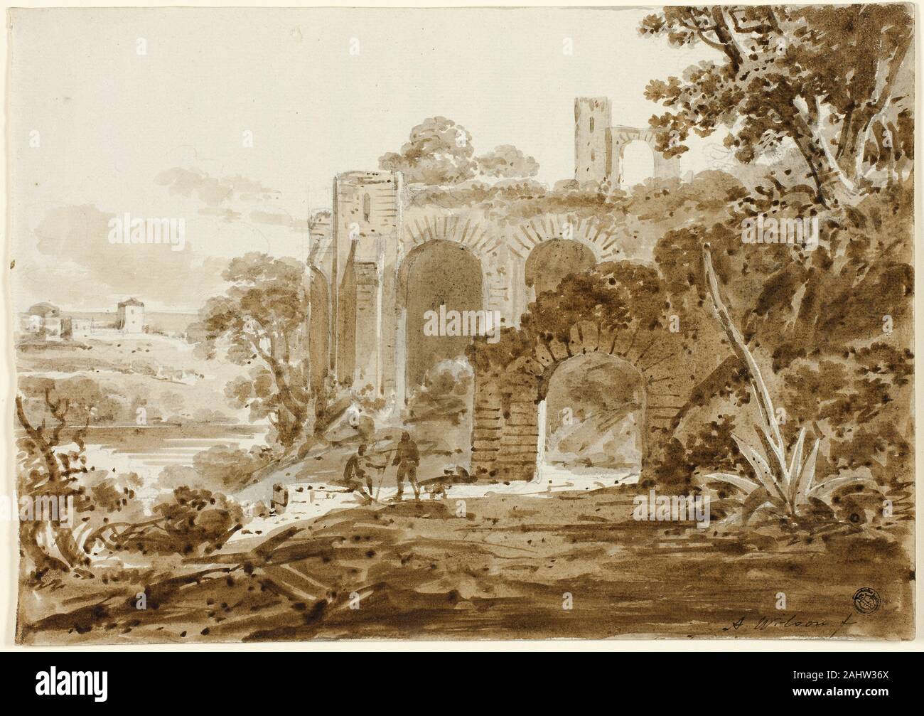 Andrew Wilson. Landschaft mit römischen Ruinen. 1800 - 1848. Schottland. Pinsel und Braun und Grau waschen über Graphit auf Elfenbein Bütten Stockfoto