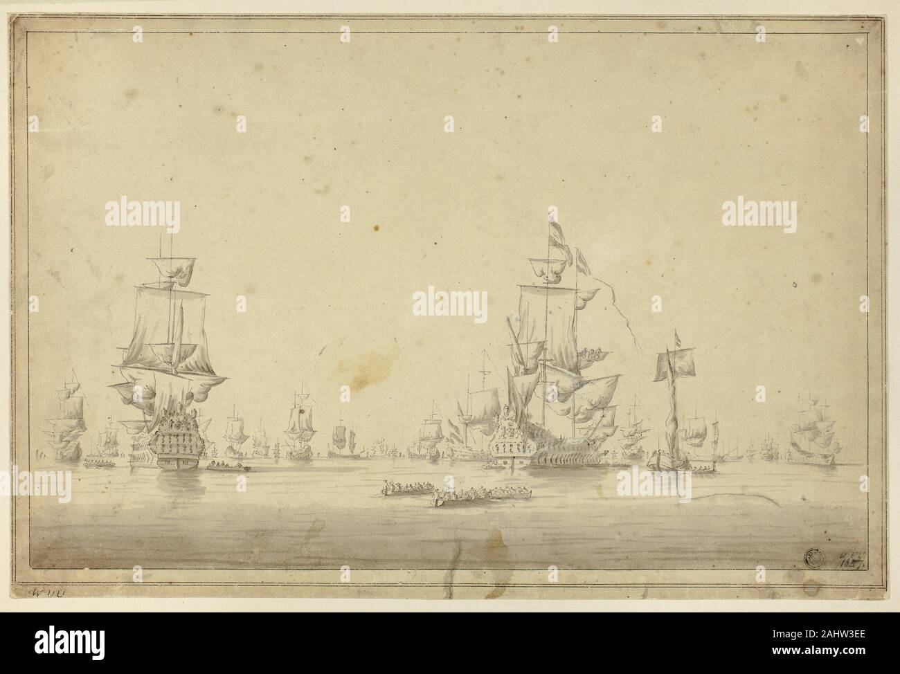 Imitator von Willem van de Velde, II. Flotte von Schiffen auf See verankert. 1700 - 1799. Holland. Pen und Schwarz, mit Pinsel in Grau waschen, creme Bütten, legte an Bord Stockfoto