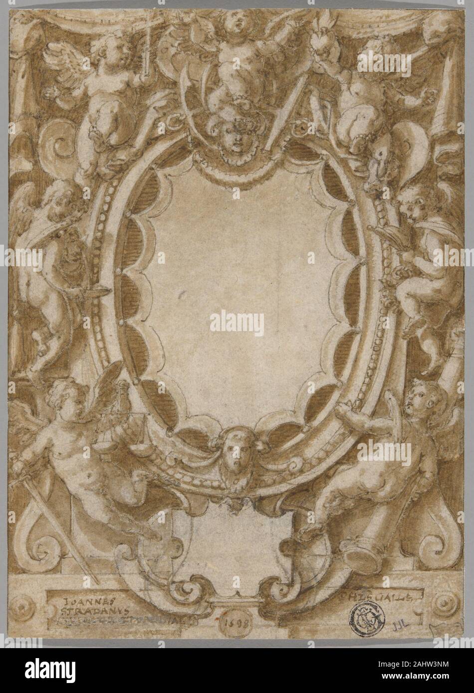 Jan van der Straet. Design für Frontispiz die sieben Tugenden. 1598. Flandern. Pen und braune Tusche und Pinsel und Braun waschen, mit einem Hauch von deckweiß Aquarell, über Spuren der Schwarze Kreide, auf Creme Bütten, für den Transfer eingeschnitten Stockfoto