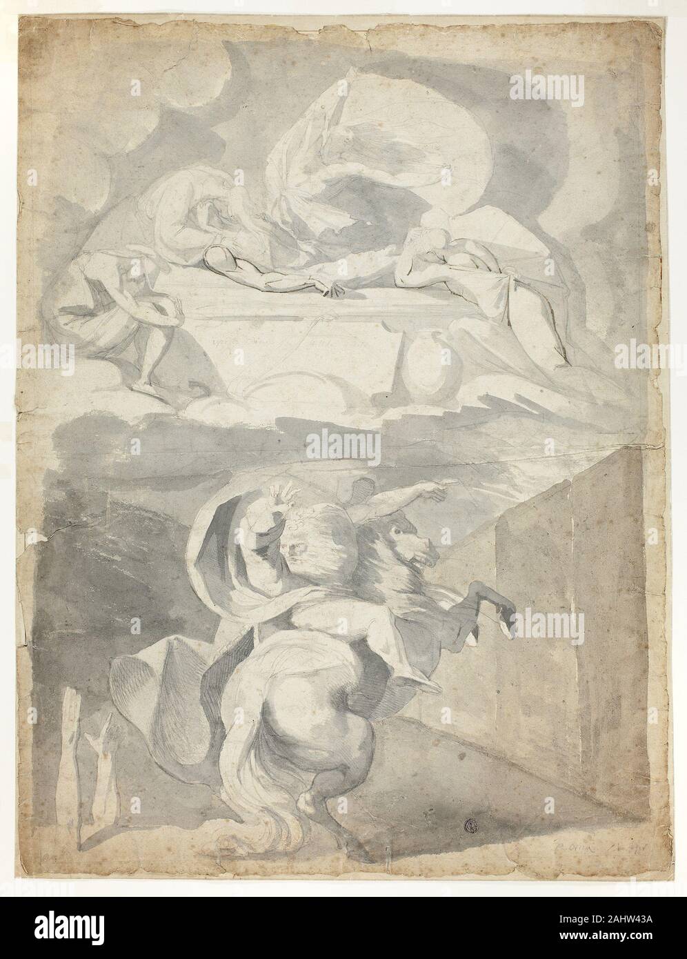 Henry Fuseli. Odin in der Unterwelt. 1770 - 1772. England. Pinsel in Grau waschen und Graphit, mit einem Hauch von Pen und Braune und Rote Kreide, Tinte auf Creme Bütten Dichter und Gelehrte Thomas Gray Der Abstieg von Odin (veröffentlicht 1768), eine lose Übersetzung eines Altnordischen Gedicht, dieser seltsame Bild inspiriert - eine Übung in fast reiner Waschen ohne Linie. Die fuseli Zeichnung zeigt die nordischen Gott Odin Abstieg in die Unterwelt das Schicksal seiner geliebten Sohn Balder zu erfahren. Die Arme, die sich aus der Masse gehören zu der Prophetin, mit denen Odin berät. Oben ist eine Vision der Walküren Trauer bei B Stockfoto