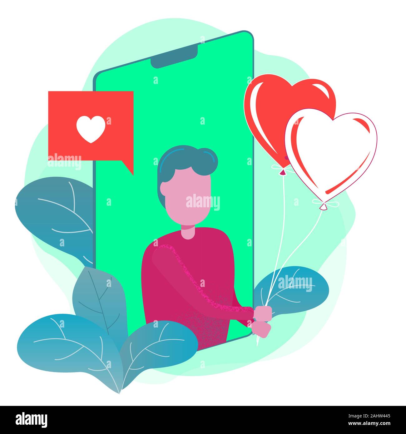 Ein Mann mit Herz Ballon von smart phone für Valentinstag, Geburtstag, Online Shopping - Flachbild Vector Illustration. Stock Vektor