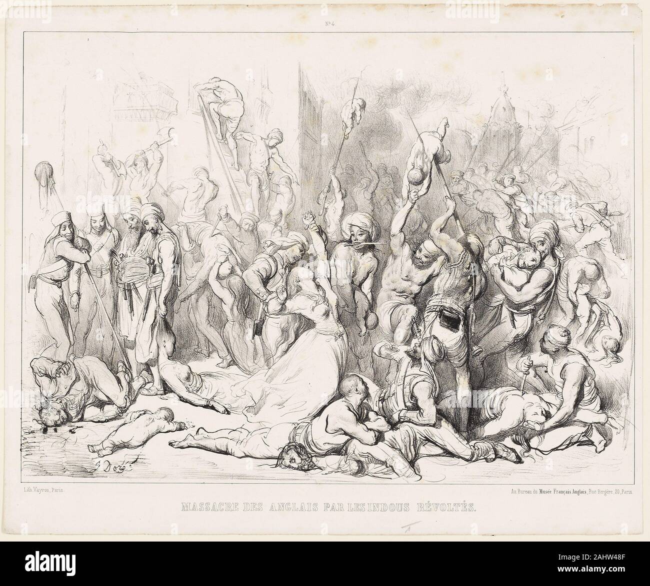 Gustave Doré. Massaker von dem Englischen von Aufständischen Hindus. 1857. Frankreich. Lithographie in Schwarz auf Weiß webte Papier Stockfoto