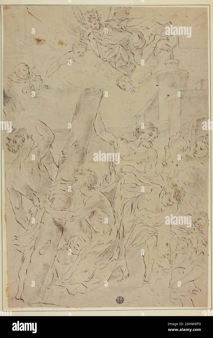 Giovanni Battista Gaulli. Saint Andrew Anbetung des Kreuzes. 1659 - 1709. Italien. Feder und Tinte, braun mit schwarzer Kreide mit stumping, Auf festem Bütten, Perimeter, montiert auf Hellgrau webte Karte Stockfoto
