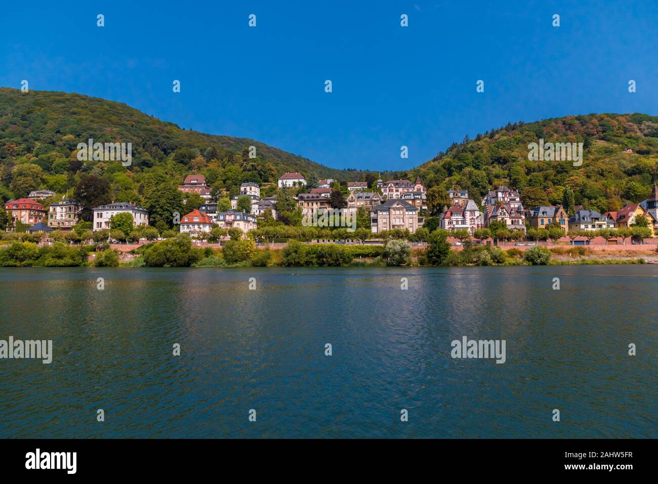 Herrliche Panoramasicht auf die Landschaft des Heidelberger Wohnlage mit schönen Villen über den Neckar an einem schönen Sommer Tag mit einem... Stockfoto