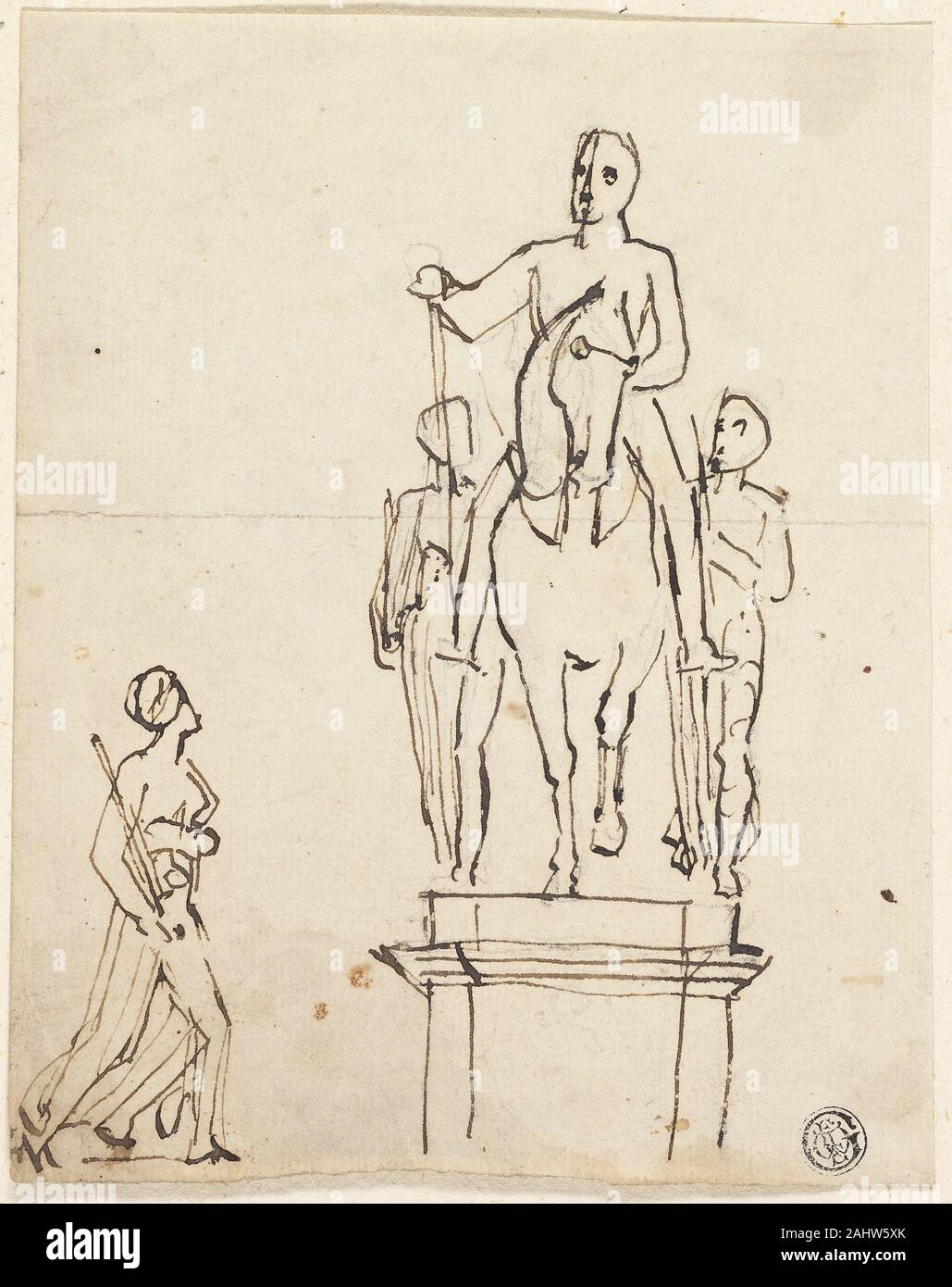 Thomas Stothard. Skulptur von Reiter durch Zwei stehende Figuren begleitet, mit Skizze eines der Letzteren. 1775 - 1834. England. Pen und brauner Tinte über Graphit, auf grauem Papier Stockfoto