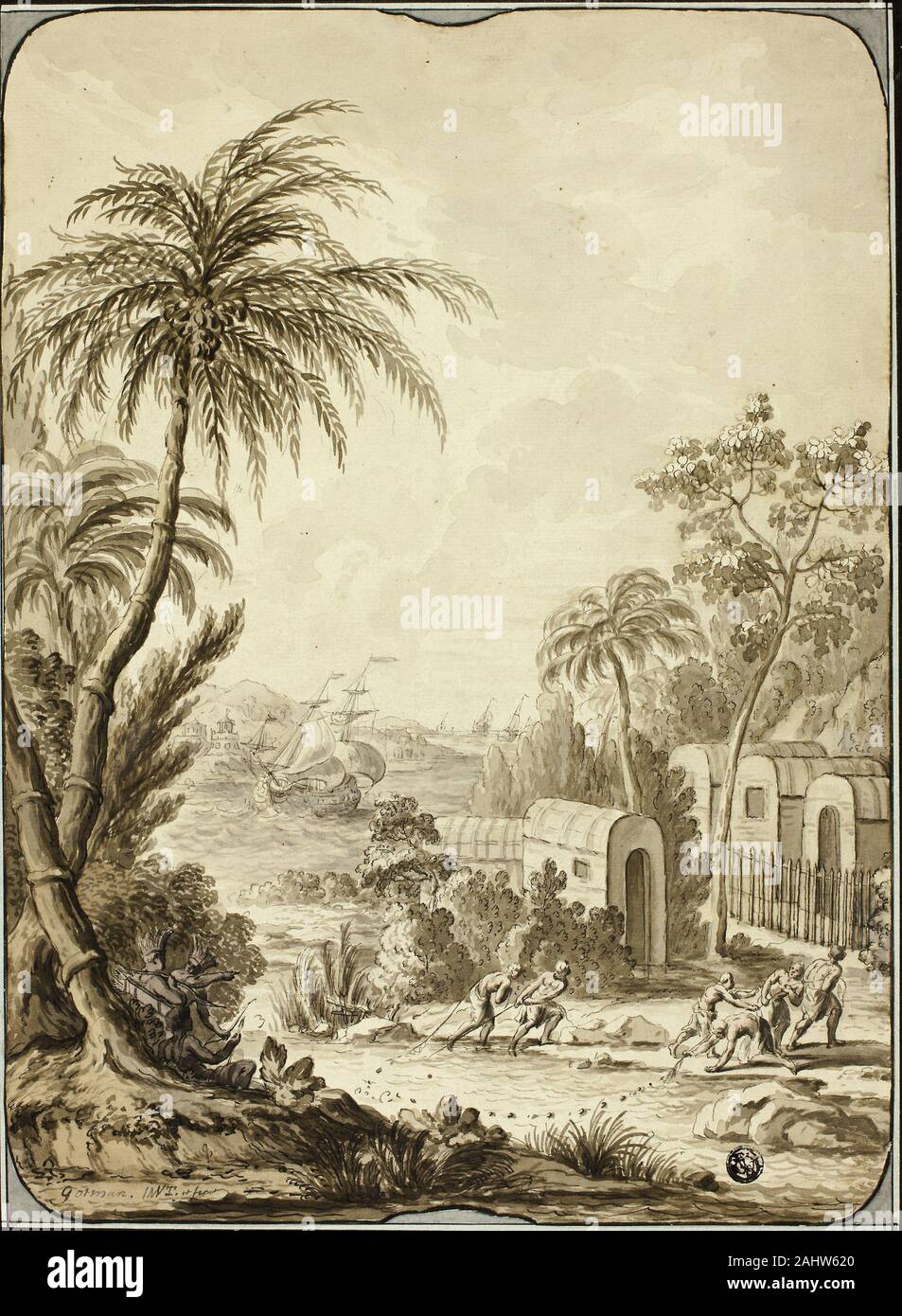 Lorens Gottman. South Sea Island. 1728 - 1779. Schweden. Feder und Tinte schwarz und braun, mit Pinsel und schwarz, braun und pink Waschen, über Spuren der Schwarze Kreide, an den cremefarbenen Papier, legte auf Elfenbein Bütten Stockfoto