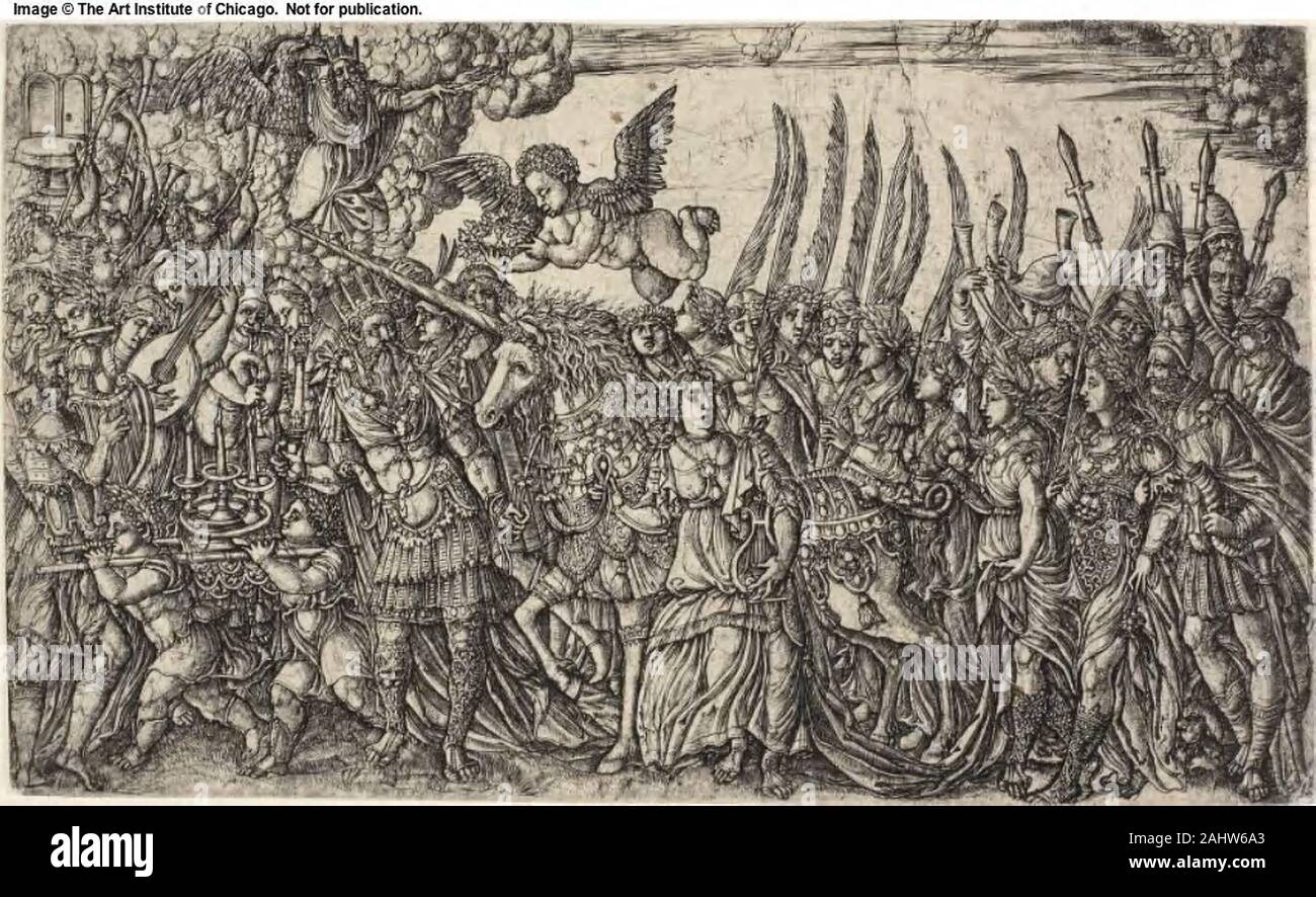 Jean Duvet. Triumph des Einhorns. 1540 - 1550. Frankreich. Gravur auf Papier Jean Duvet dargestellt Einhörner in mehreren seiner Serie drucken als Darstellungen der Reinheit. Hier die Prozession der Triumph der Einhorn symbolisiert den Sieg des Christentums. Gott, der Vater, als Jupiter, Pförtner, der Sohn, das Einhorn, ins Paradies mit der Krone des Himmels. Bettdecke dicht graviert seine Drucke; die unterschiedlichen Tinte Ton in dieser Eindruck, dass die Druckplatte entweder unvollendet war oder über einen langen Zeitraum gearbeitet. Stockfoto