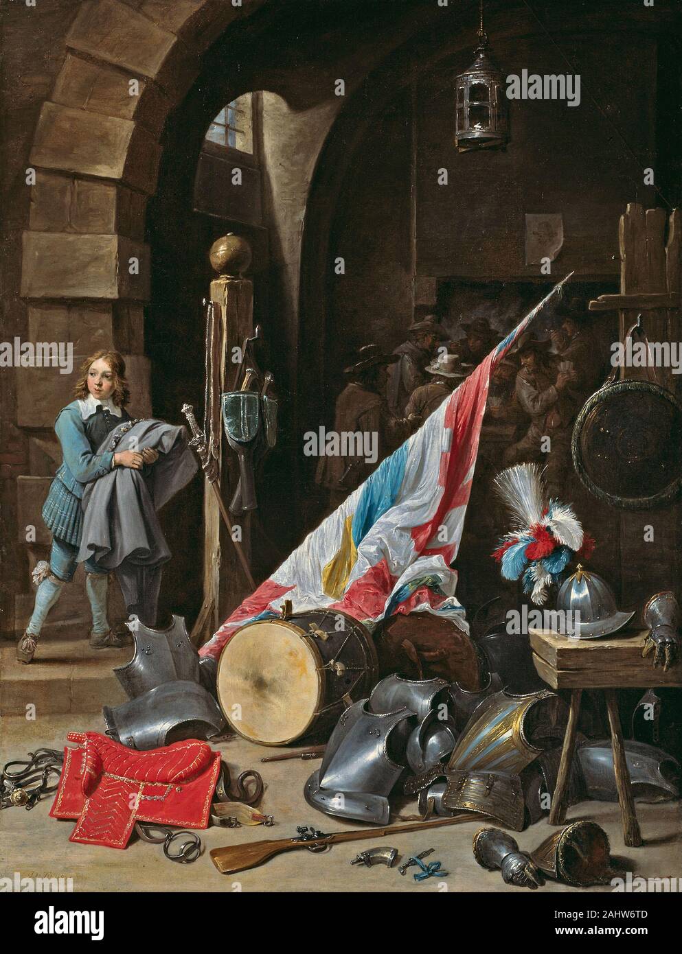David Teniers der Jüngere. Der pförtnerloge. 1640 - 1650. Flandern. Öl auf Leinwand Das vielseitige flämischen Maler David Teniers wandte sich an militärischen Utensilien als Thema für seine Stillleben in der Mitte-1640 s, wie der lange Konflikt des Dreißigjährigen Krieges zu Ende ging,. Hier Soldaten spielen Karten in der dim Innere der Pförtnerloge, während eine Seite trägt der Offiziere Umhänge. Aber der Chef der Gegenstand der Arbeit ist der Stapel von verworfen, Rüstung, Waffen, und Parade Gang - ein Sattel, Muskete, Pulver Horn, laden Spanner, und Stulpen - in der unmittelbaren Vordergrund. Bei der Behandlung von Rüstung als noch Stockfoto