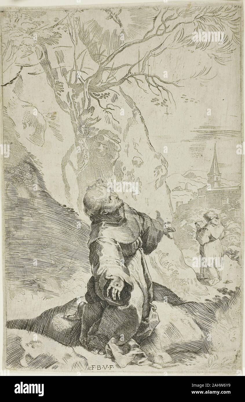 Federico Barocci. Der hl. Franziskus die Wundmale empfangen. 1576 - 1586. Italien. Ätzung auf Creme Papier ein Maler und Kupferstecher, Federico Barocci war eine experimentelle Ätzer. Hier erforschte er die Effekte von Licht und Schatten durch nacheinander heraus stoppen Teile der Platte mit einem Wachs widerstehen, während Eintauchen in Säure. Die Bereiche geschützt durch die wehren waren nicht geätzt, während die Teile, die mit der Säure während des gesamten Prozesses ausgesetzt wurden, mit dunklen, dicken Linien eingraviert waren. Die suggestive, halluzinatorische Wirkung des sich ergebenden Ausdrucks dramatisiert Moment des Heiligen der Offenbarung, als d Stockfoto