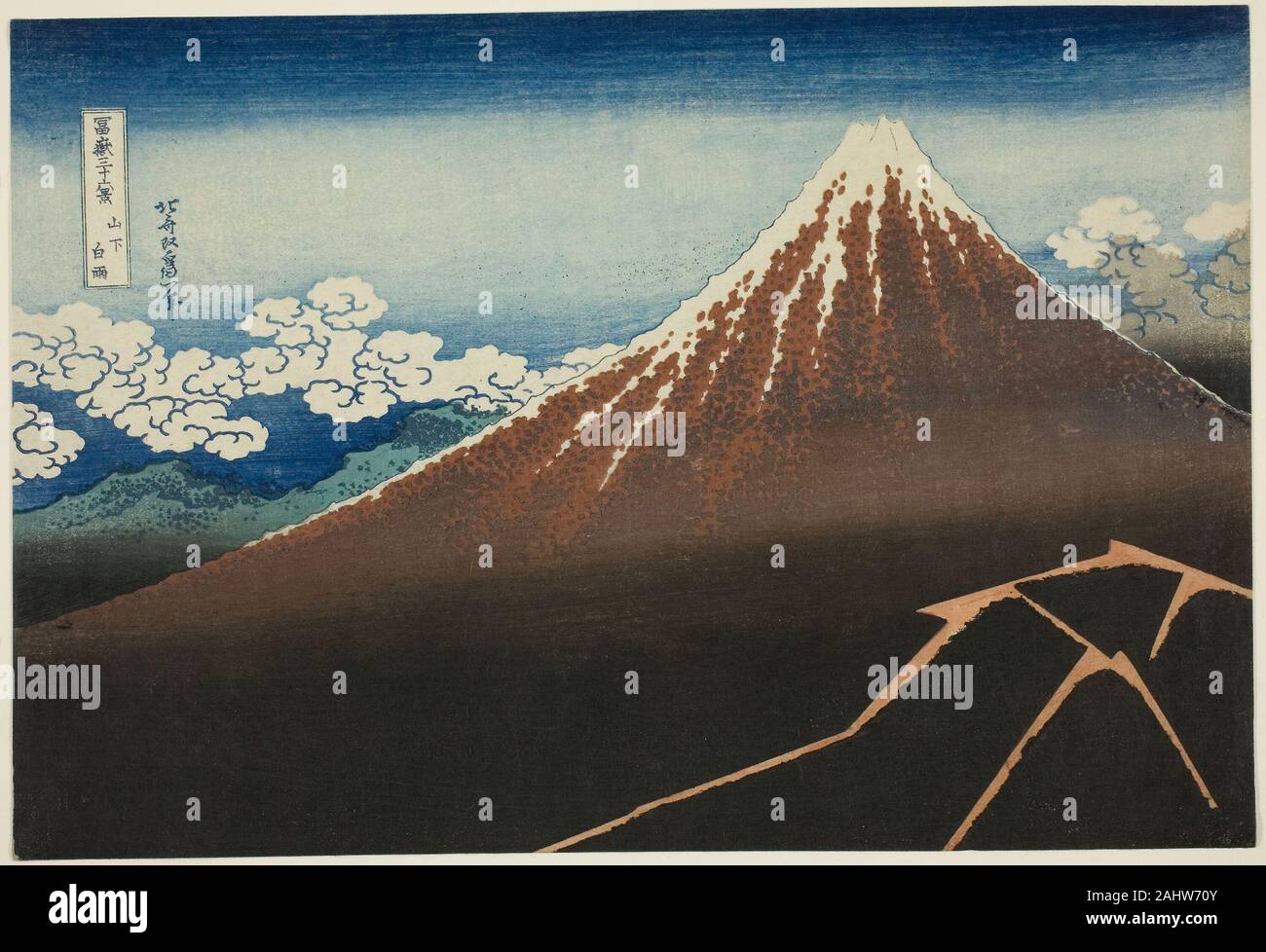 Katsushika Hokusai. Dusche unter dem Gipfel (Sanka hakuu), aus der Serie 36 Ansichten des Berges Fuji (Fugaku sanjurokkei). 1825 - 1838. Japan. Farbe holzschnitt, oban Katsushika Hokusai (1760-1849) gilt als einer der größten Künstler in der japanischen Geschichte, und einer der großen Meister des japanischen Holzschnitts. Hokusai's bekanntestes Werk ist die Reihe Fugaku sanju - rokkei (36 Blick auf Mount Fuji), zwischen 1830 und 1832, wenn der Künstler war über siebzig Jahre alt erstellt. Diese geniale Serie besteht aus vierzig - sechs Ansichten der bekannten Berg die ext Stockfoto