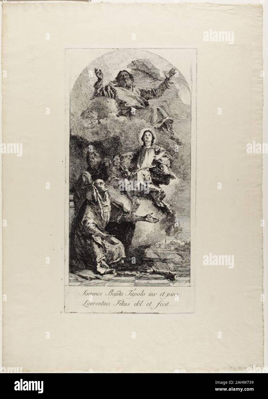 Lorenzo Tiepolo. Saint Anne und Hl. Joachim bietet die Jungfrau Maria als Kind zum ewigen Vater. 1765 - 1775. Italien. Ätzung auf Elfenbeinfarbenem Diese radierung Dokumente, umgekehrt, das Gemälde Lorenzo's Vater im Jahre 1759 für die Kirche von Santa Chiara, ein Kloster der Benediktinerinnen in Cividale ausgeführt, jetzt in der Dresdner Galerie. Stockfoto