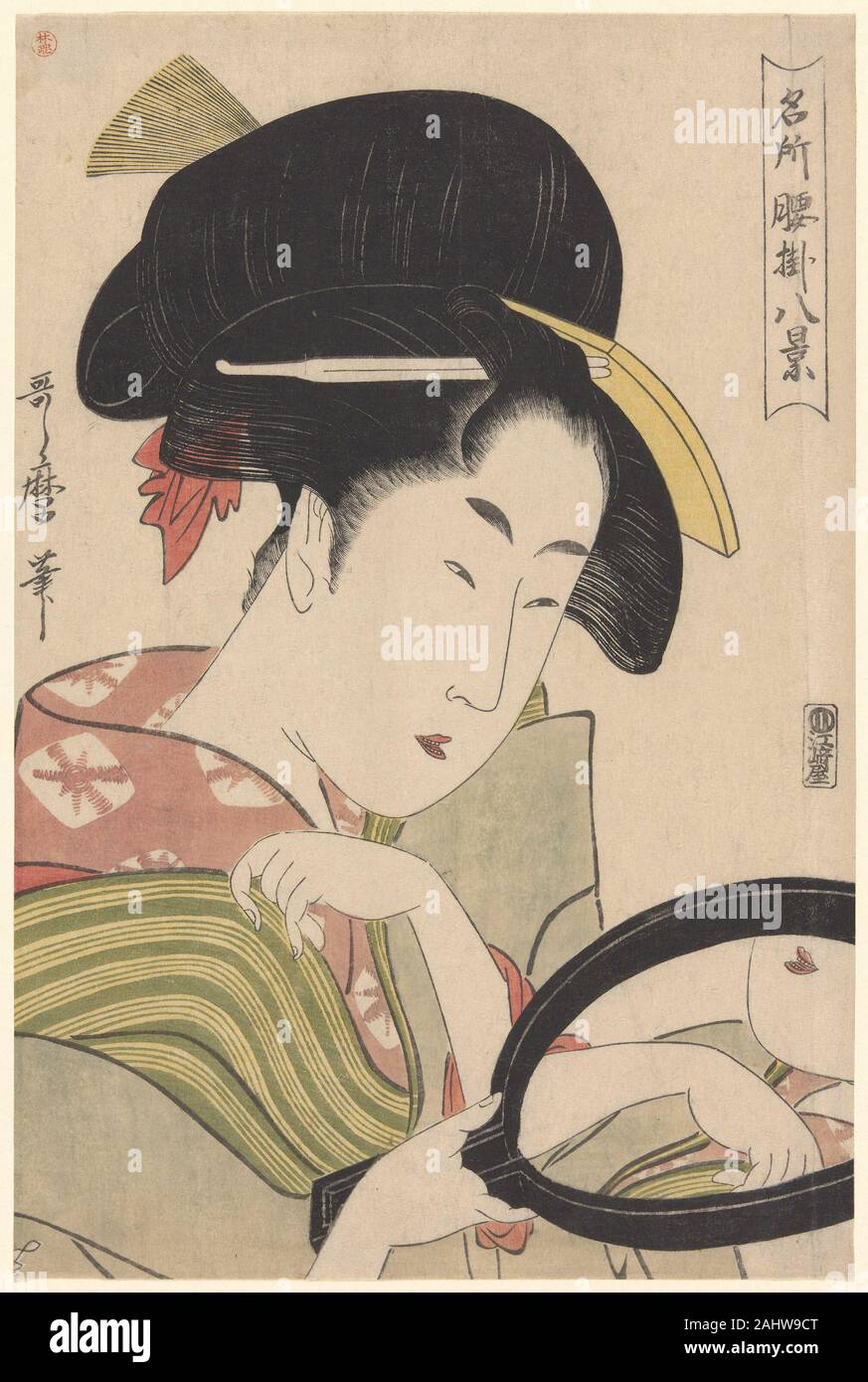 Kitagawa Utamaro. Spiegel, aus der Serie "Acht Ansichten von Tee-Stände in berühmten Orten (Meisho koshikake hakkei). 1790 - 1801. Japan. Farbe holzschnitt; Oban Stockfoto