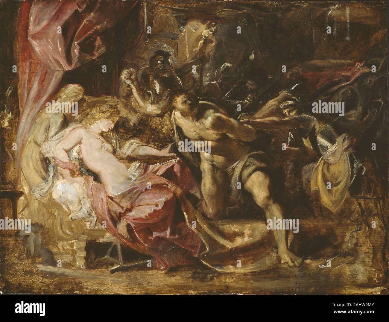 Peter Paul Rubens. Die Erfassung von Samson. 1609 - 1610. Flandern. Öl auf Leinwand Peter Paul Rubens malte diese Skizze über eine vorläufige Studie für seine großartige Anbetung der Könige von 1609 (Museo del Prado, Madrid). Er invertiert das Panel, bevor es die Malerei wieder; der untere Teil des blauen Gewand der Madonna aus der früheren Studie zeigt noch immer in der rechten oberen Ecke. Die endgültige Gestaltung wurde eine Vorbereitung für die monumentale Samson und Delilah lackiert für Nicolas Rockox, einem führenden Bürger von Antwerpen (National Gallery, London). Rubens' Meisterschaft des Öls Skizze war Teil der schnelle, aber methodische workin Stockfoto