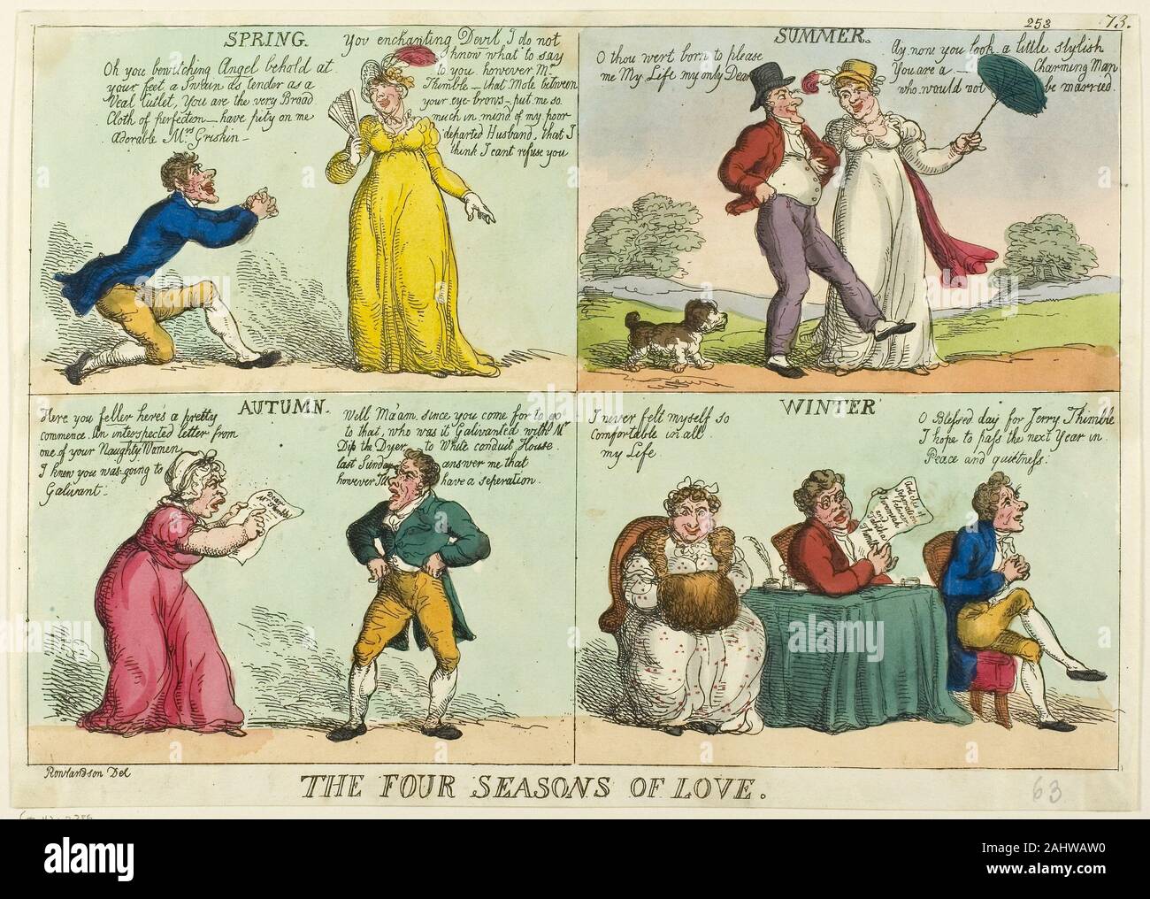 Thomas Rowlandson. Die vier Jahreszeiten der Liebe. 1814. England. Handcolorierte Radierung auf Elfenbein webte Papier Stockfoto