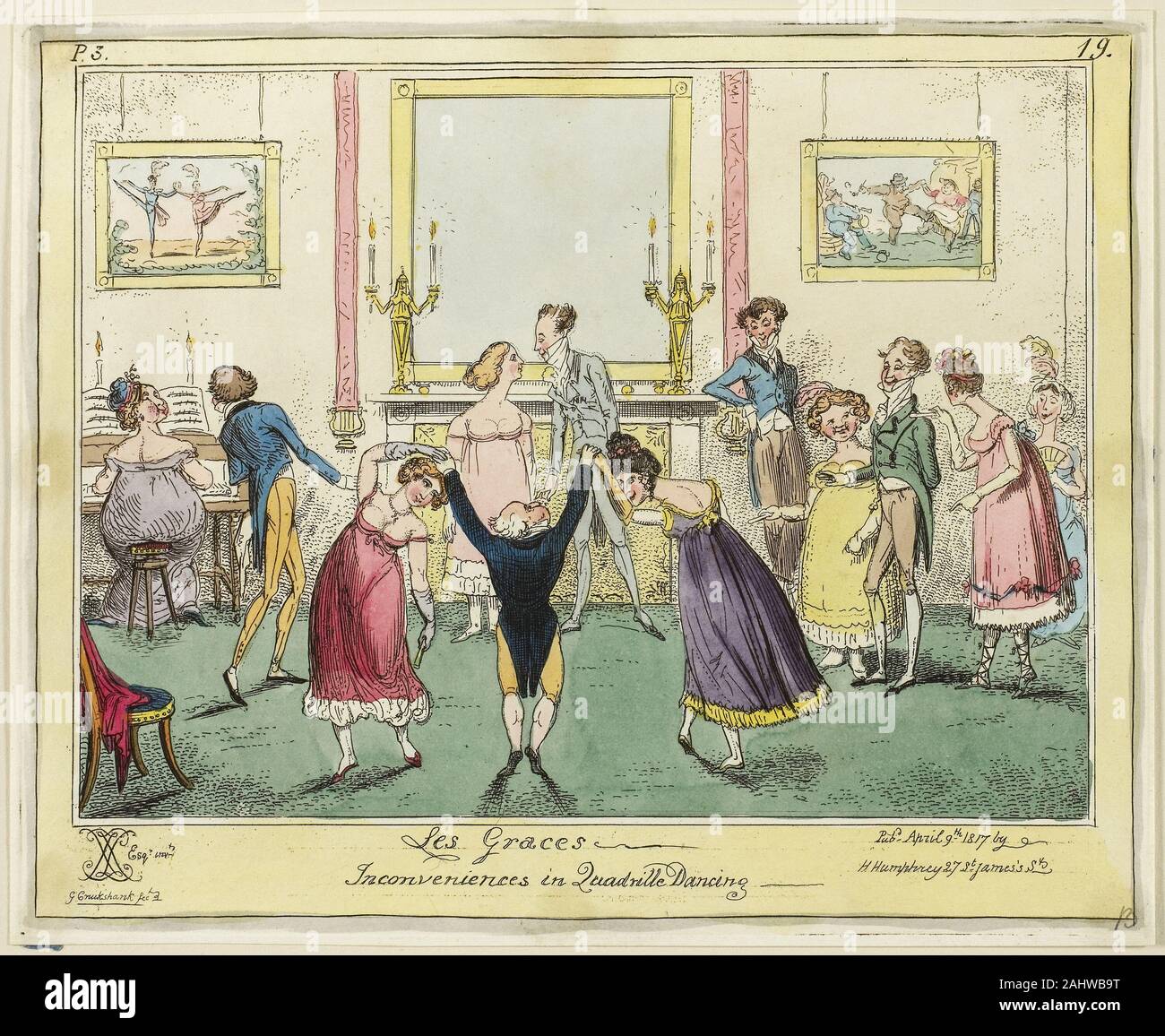 George Cruikshank. Les Gnaden - Unannehmlichkeiten in der Quadrille tanzen. 1817. England. Handcolorierte Radierung und Aquatinta auf Papier Stockfoto