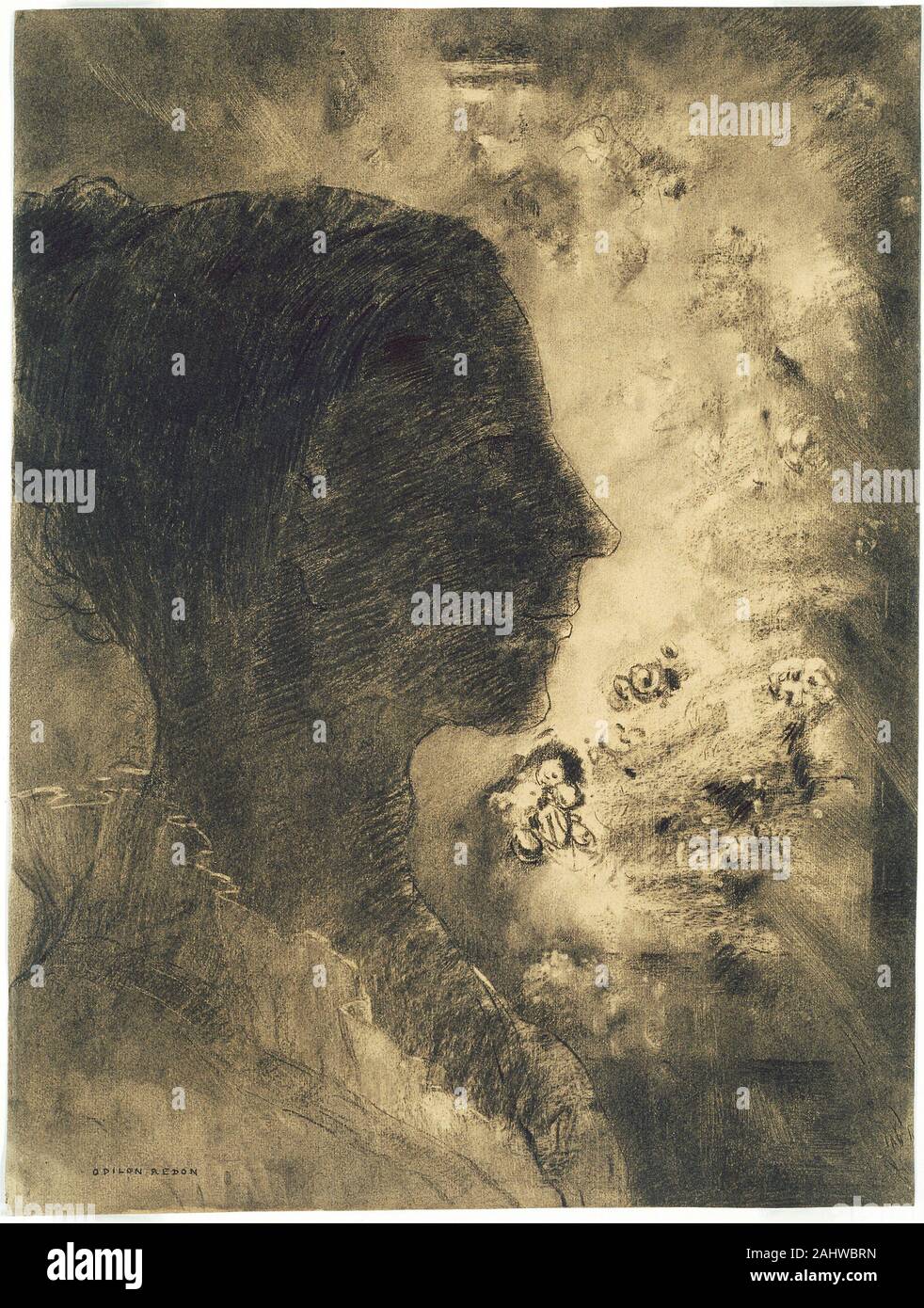 Odilon Redon. Profil von Schatten. 1890 - 1899. Frankreich. Verschiedene Holzkohlen, mit stumping, Rührung, Löschen und subtraktive Brushwork, blass-Rosa webte Papier mit roten und blauen Fasern zu einem goldenen Ton verändert Stockfoto