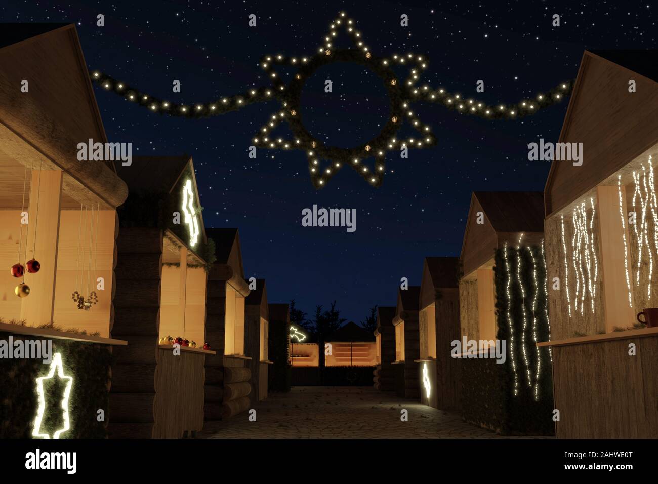 3D-Rendering der Weihnachtsmarkt von verschiedenen Holzhütten am sternenklaren Nacht Stockfoto